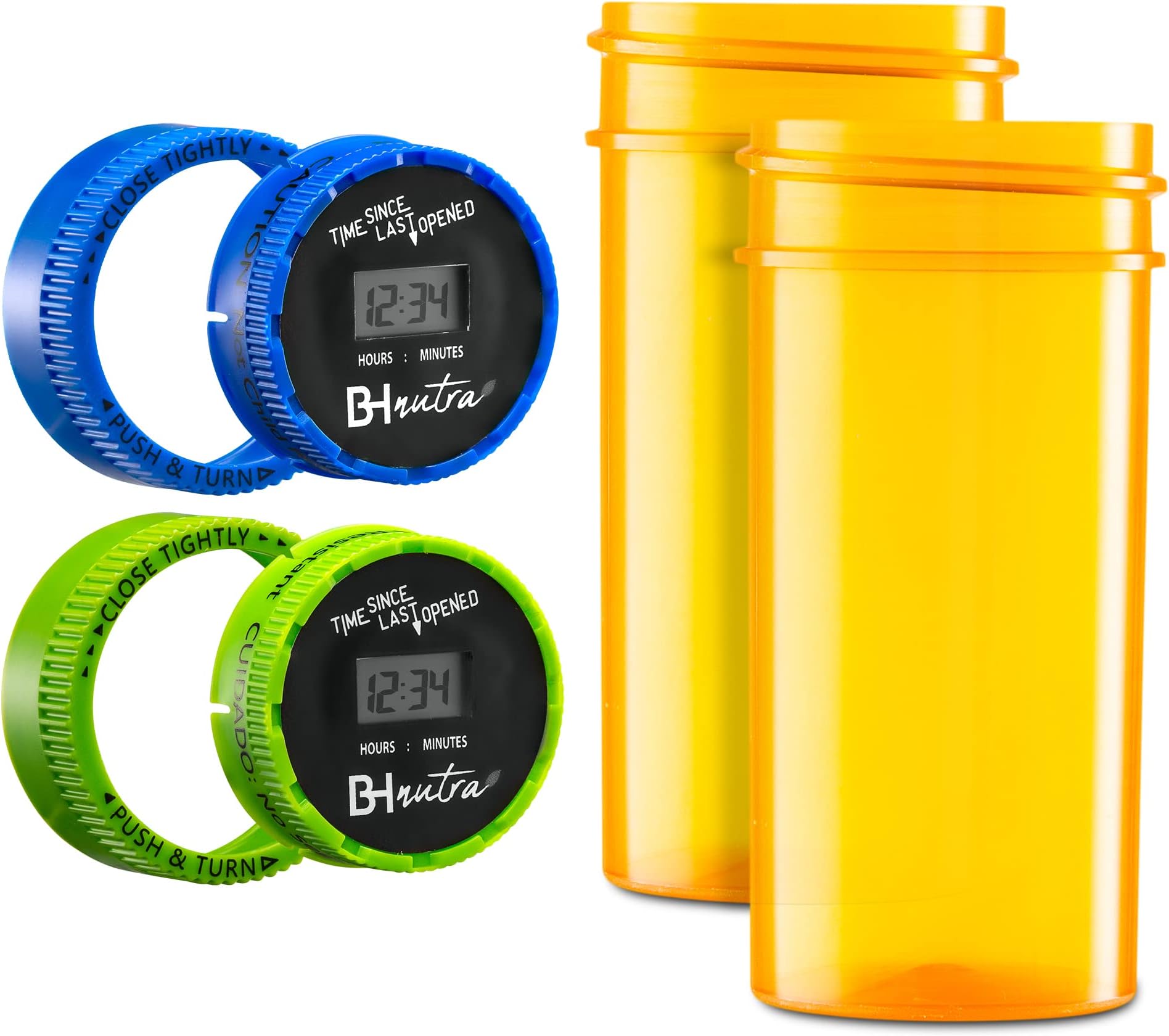 BH NUTRA 2 Pk-Time Since Last Opened Child Resistant Pill Timer Cap for Prescription Bottles Smart Pill Medicine Bottle Timer with Pill Bottle Timer Cap, 1.8 Oz Amber Medication Pill Reminder Bottle
