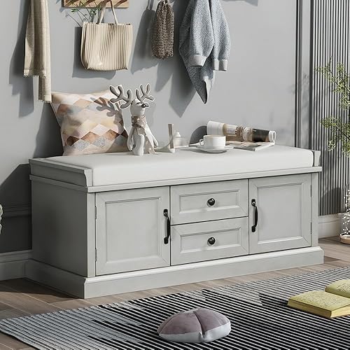 Banco de almacenamiento con cajones y 2 armarios, banco de zapatos con cojín extraíble para entrada, pasillo, vestíbulo, sala de estar, dormitorio,