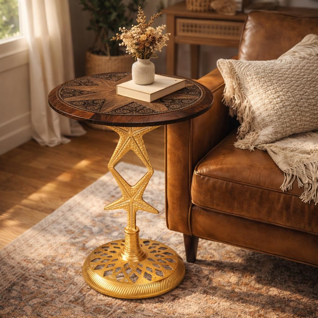 Alpha Living Home Side Table,End Table,End Tables Living Room,Side Tables Living Room,Nightstands,Small Side Table, Modern Nightstand for Bedroom, Corner & Office (Walnut Gold), 18x20.5