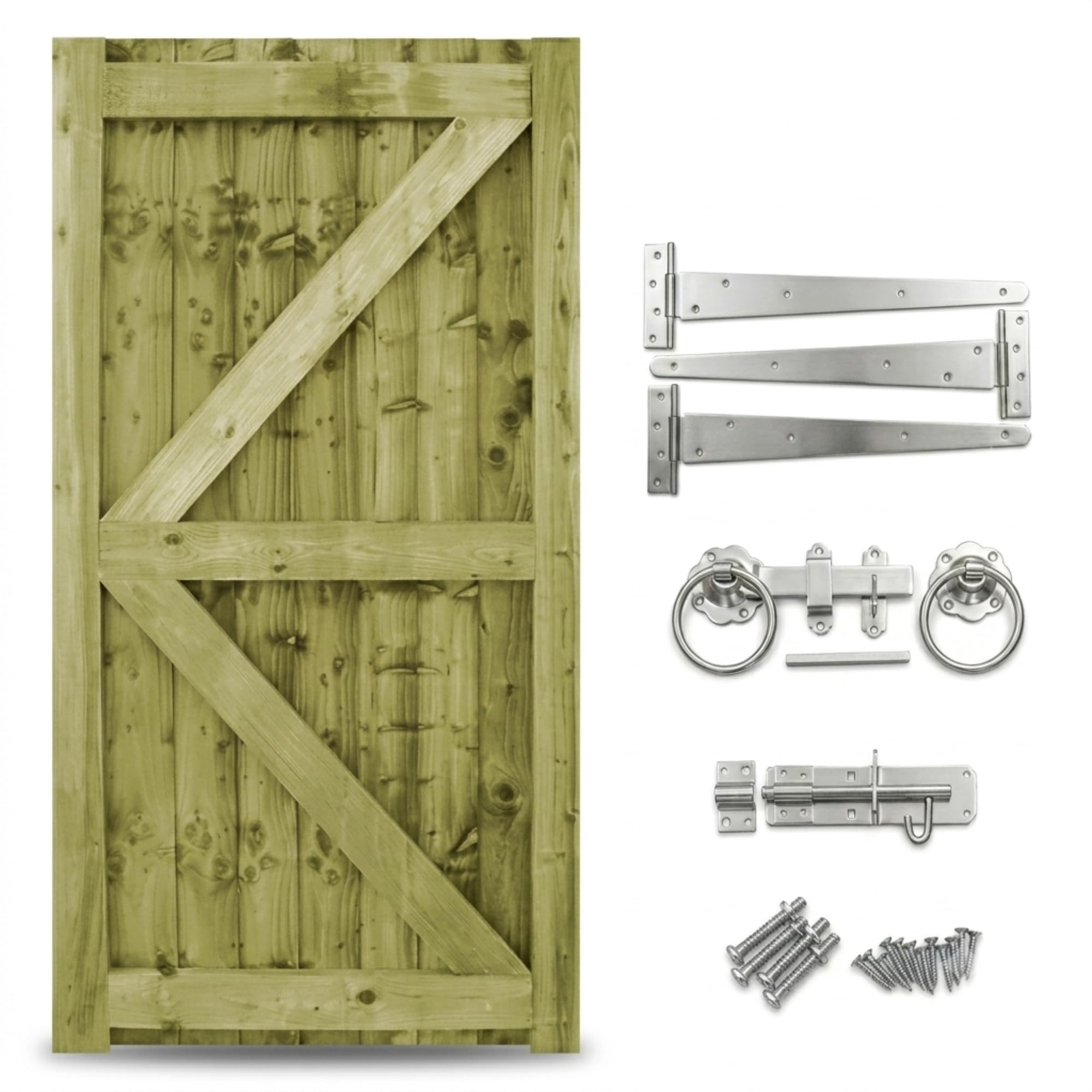 Wooden Featheredge Garden Gate, Pressure Treated, 180cm High x 90cm Wide x 4.5cm Deep, Brown, Contemporary Garden Style, Wood Material (180cm High x 60cm Wide x 4.5cm Deep, With Silver Hardware Kit)