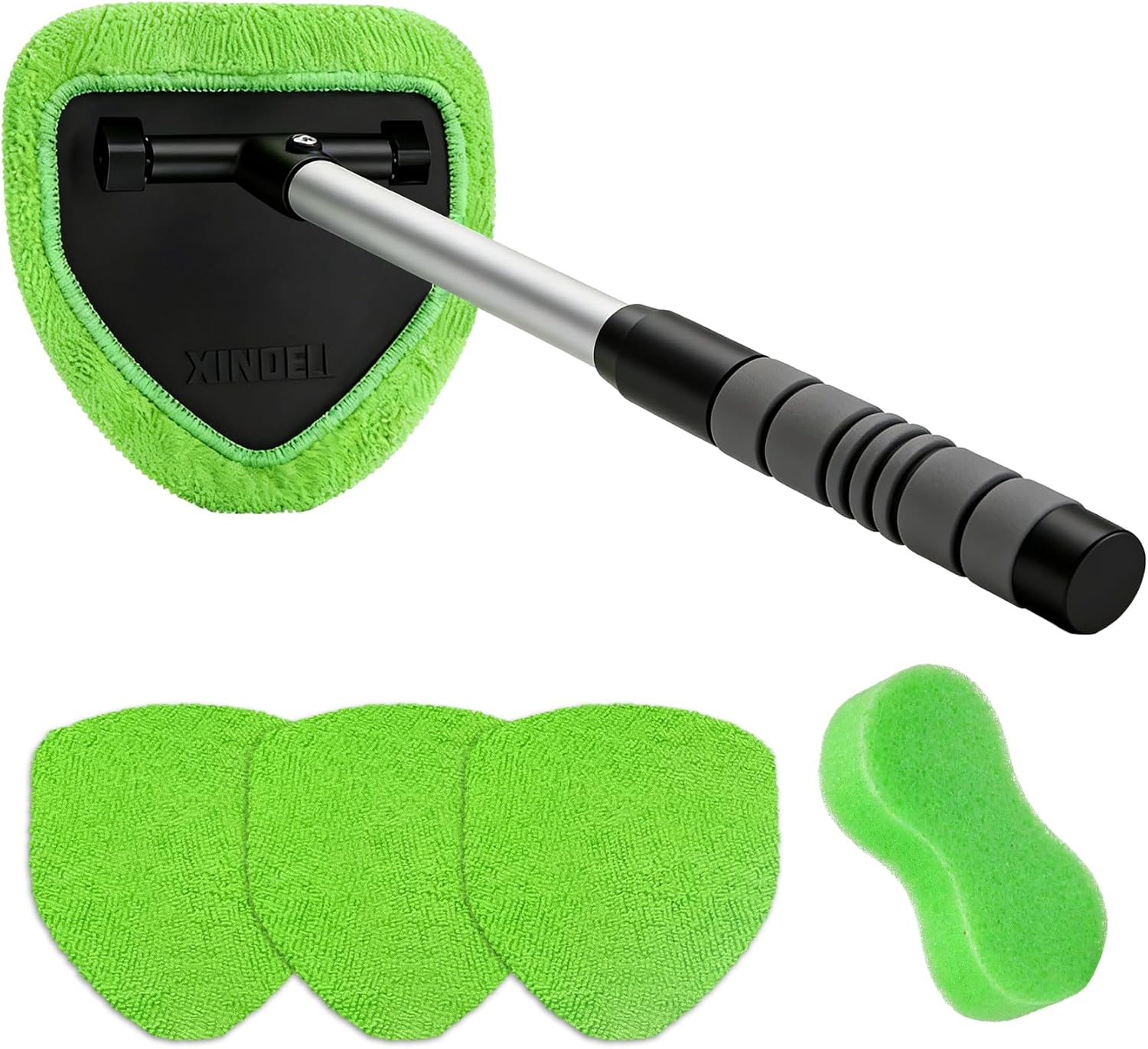 Windshield Cleaning Tool, Car Window Cleaner, Vehicle Window Detailing Cleaning Kit with Extendable Handle & 4Washable Microfiber Pad, Car Interior Glass Wiper Cleaner Kit for Most Vehicles