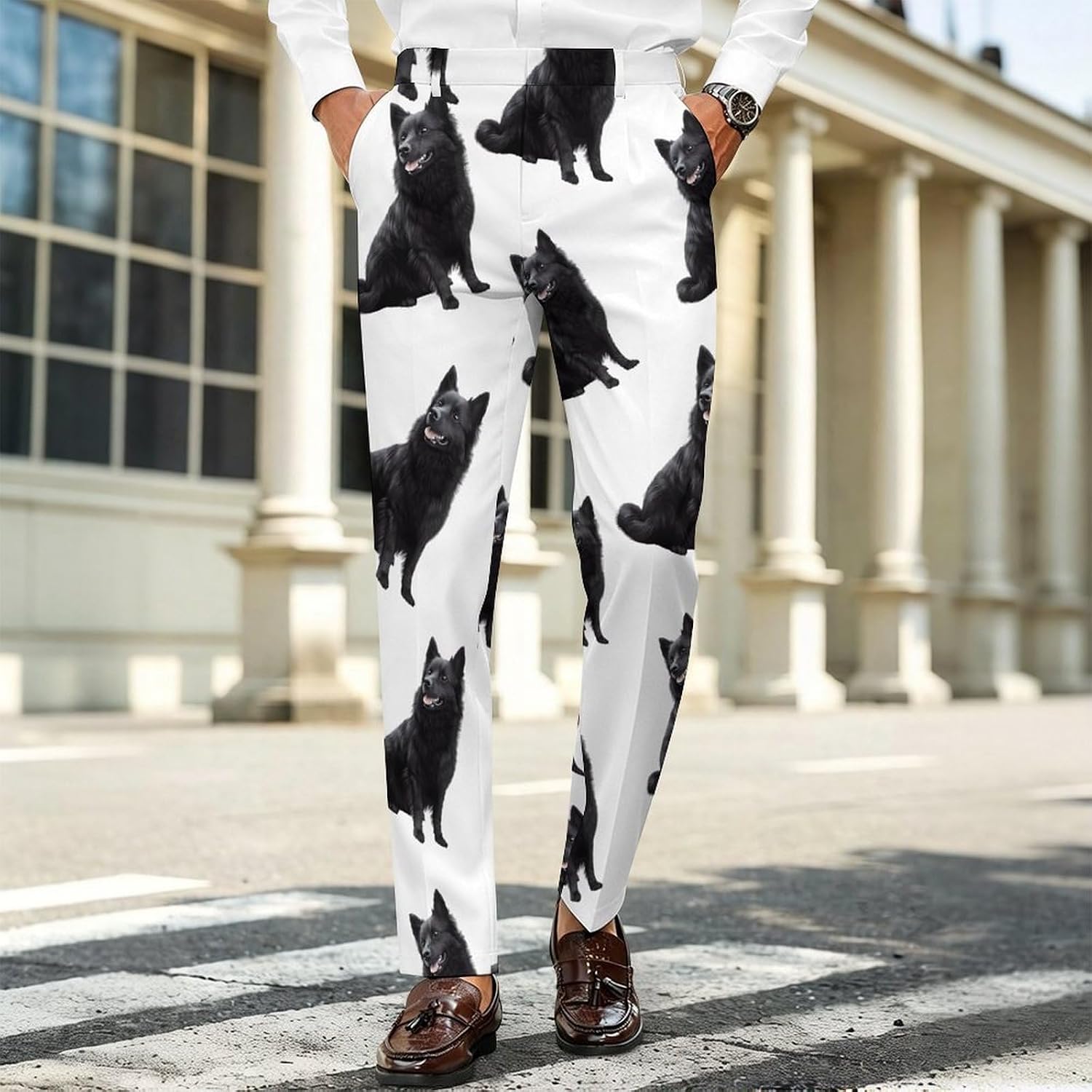 Black Schipperke Dog Men's Classic Fit Suit Pants Straight Leg Design Printed Trousers