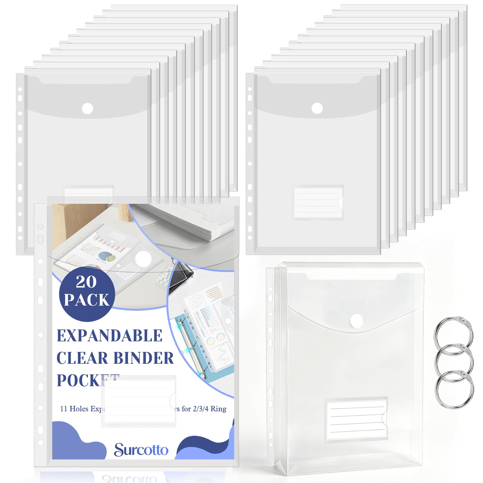 20 Pack Clear Expandable Binder Pockets, 11 Holes Plastic File Divider Folders, Compatible with 2/3/4 Ring Binders for School Home Office (20-V)