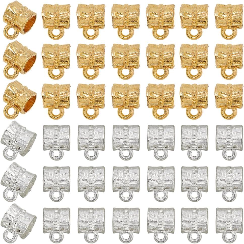 1 Box 160Pcs Connector Bail Beads Small Bail Tube Beads Bulk Alloy Textured Tibetan Style Silver Spacer Beads Charm Clasp Bead Hanger for Jewelry Making Charms Pendants Necklaces Supplies