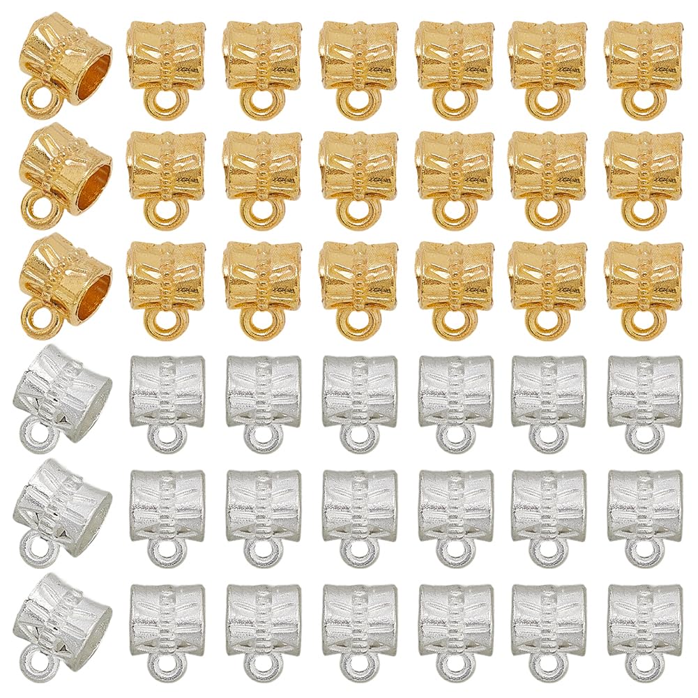 SOFPLATE 1 Box 160Pcs Silver Bail Beads Gold Tube Bails Tibetan Alloy European Textured Column Connector Links Loop Spacer Charm Hanger Bead for Jewellery Making Necklace Bracelet Beading DIY Crafts