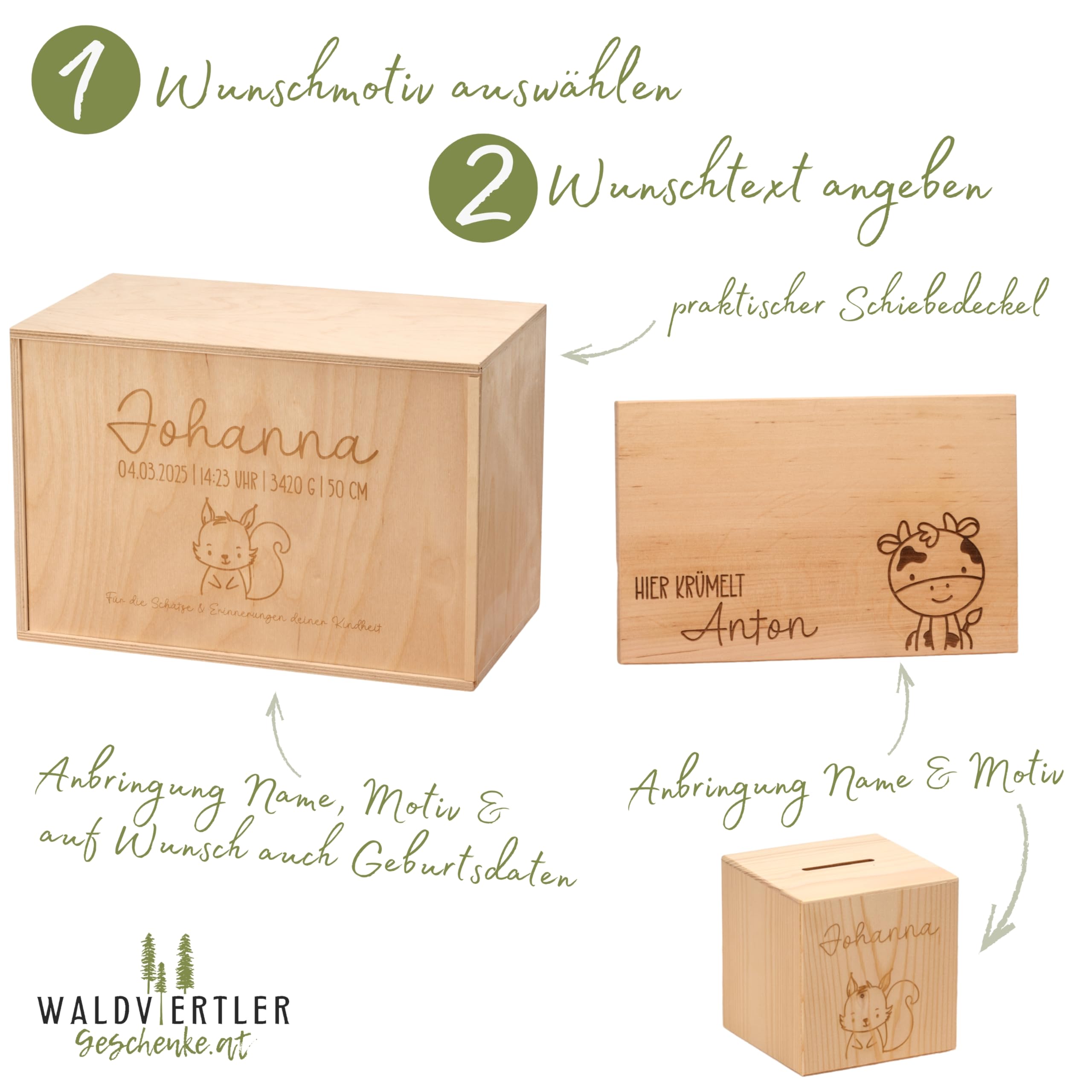 Sparset zur Geburt – Erinnerungsbox mit Schiebedeckel + personalisierte Spardose + Krümelbrett mit Name – handgefertigt & individuell graviert