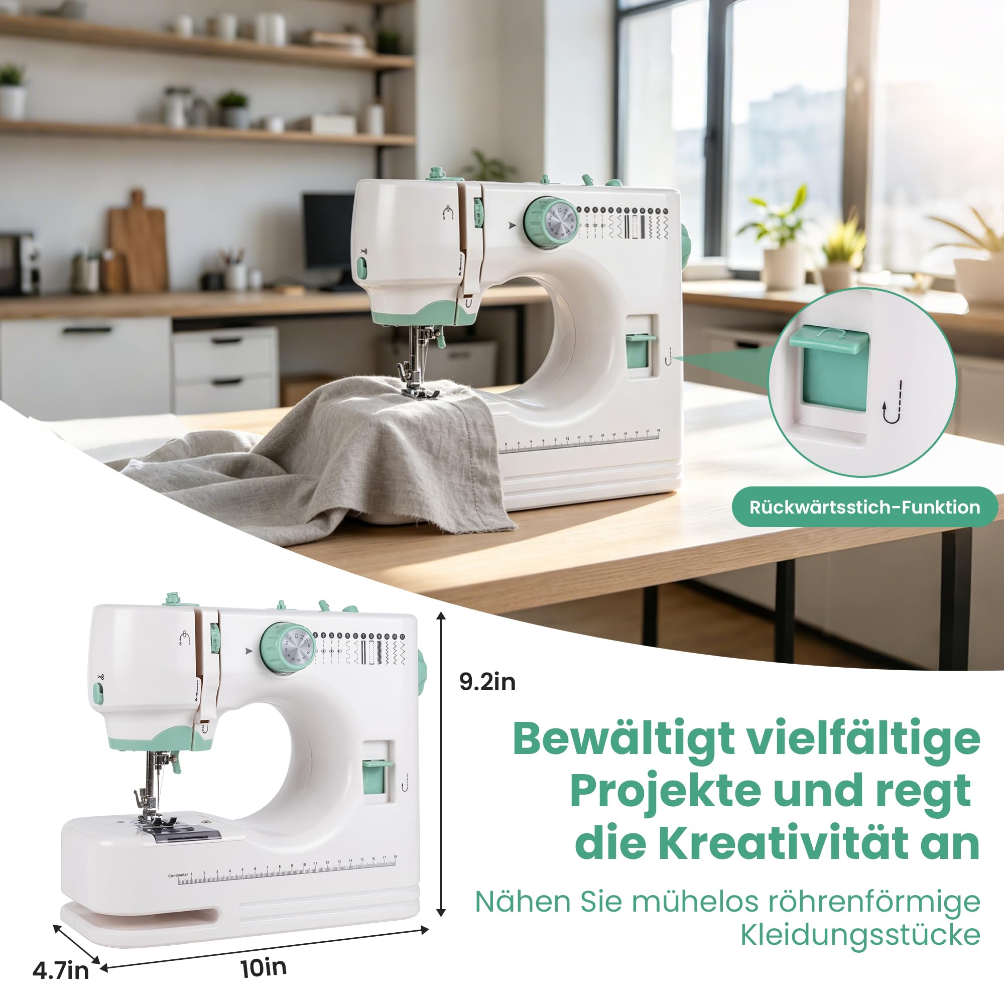 Nähmaschine Kompakt Multifunktion 12 Stichprogramme 2 Geschwindigkeiten Doppelstich mit Fußpedal und Knopfsteuerung Anfänger und Profis LED Beleuchtung Tragbar für DIY Kleidung (Grün)