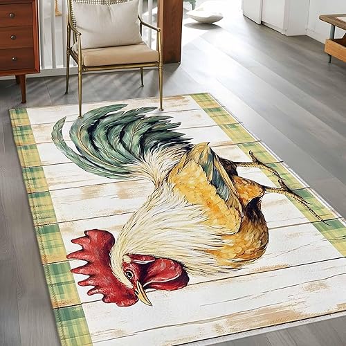 Miniatura 4 de 2.7x5 Area Rugs, Retro Rooster Non-Skid Rubber Backing Large Rectangle Rugs - Living Room Bedroom Home Office, White Animals Wooden Watercolor