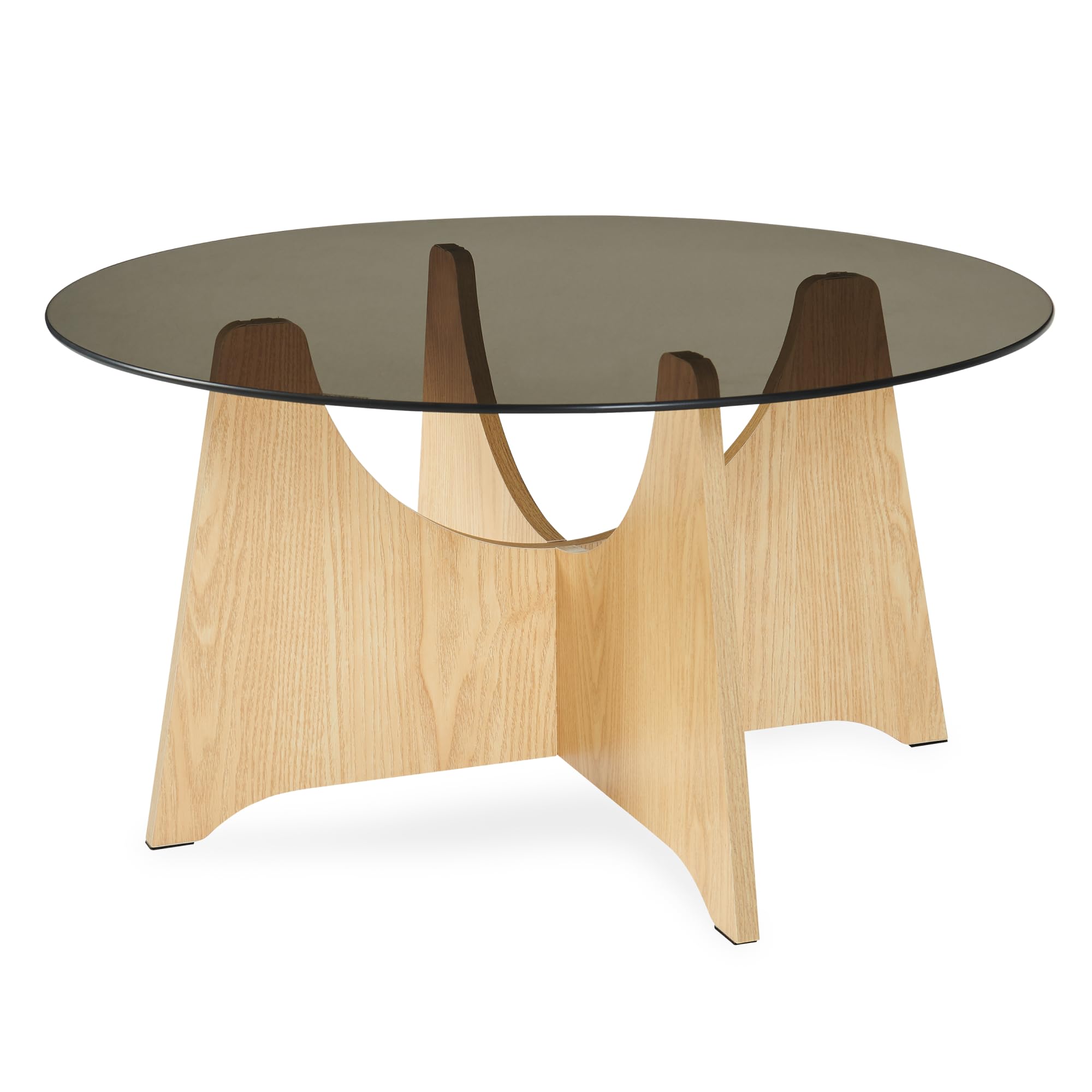 [en.casa] Tavolino da Salotto con Piano Rotondo in Vetro Fumé Temperato Tavolo Basso Centrale da Caffè Ø70 x 35 cm per Soggiorno Living Studio - Effetto Rovere/Grigio Fumo