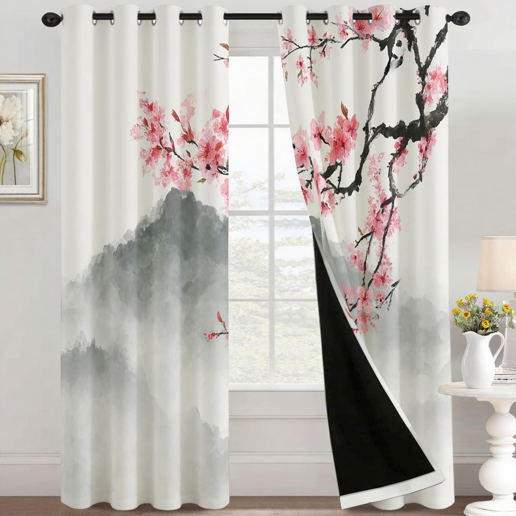 Rideaux fenetre imprimé occultant fleurs de cerisier et isolant thermique 160x240