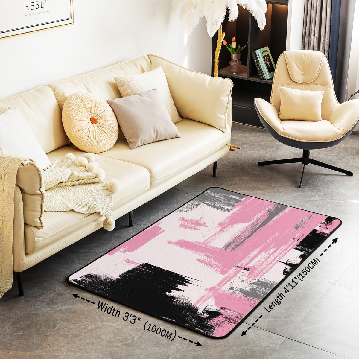 Erosebridal Pink and Black Abstract Area Rug 4'11" x 3'3" |Black and Pink Carpet for Kids Girls Women Geometric Modern Art Indoor Floor Mat for Boys Teens Adults Girly Fashion Decorative Washable Rug