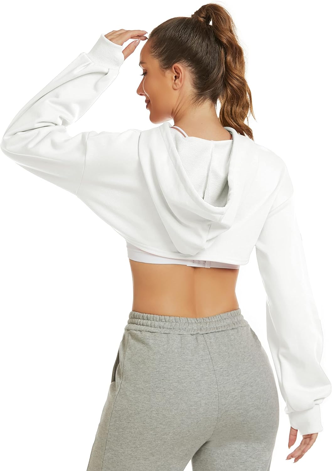 Flygo Women's Cut Out Super Cropped Hoodie Long Sleeve Hooded Sweatshirt Pullover Active Top - Image 3