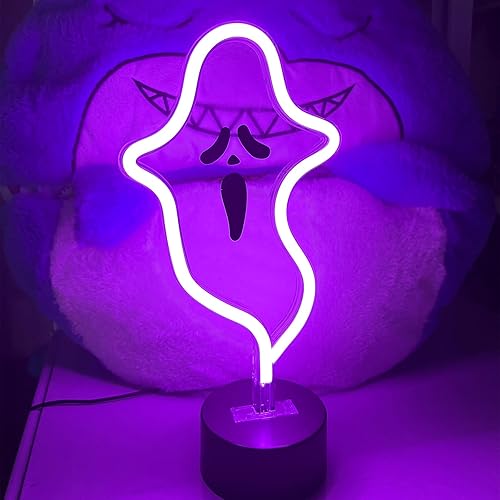 Letrero de neón de fantasma de Halloween, decoración de Halloween, letrero de luz LED de neón con base, lámpara con forma de fantasma con batería o