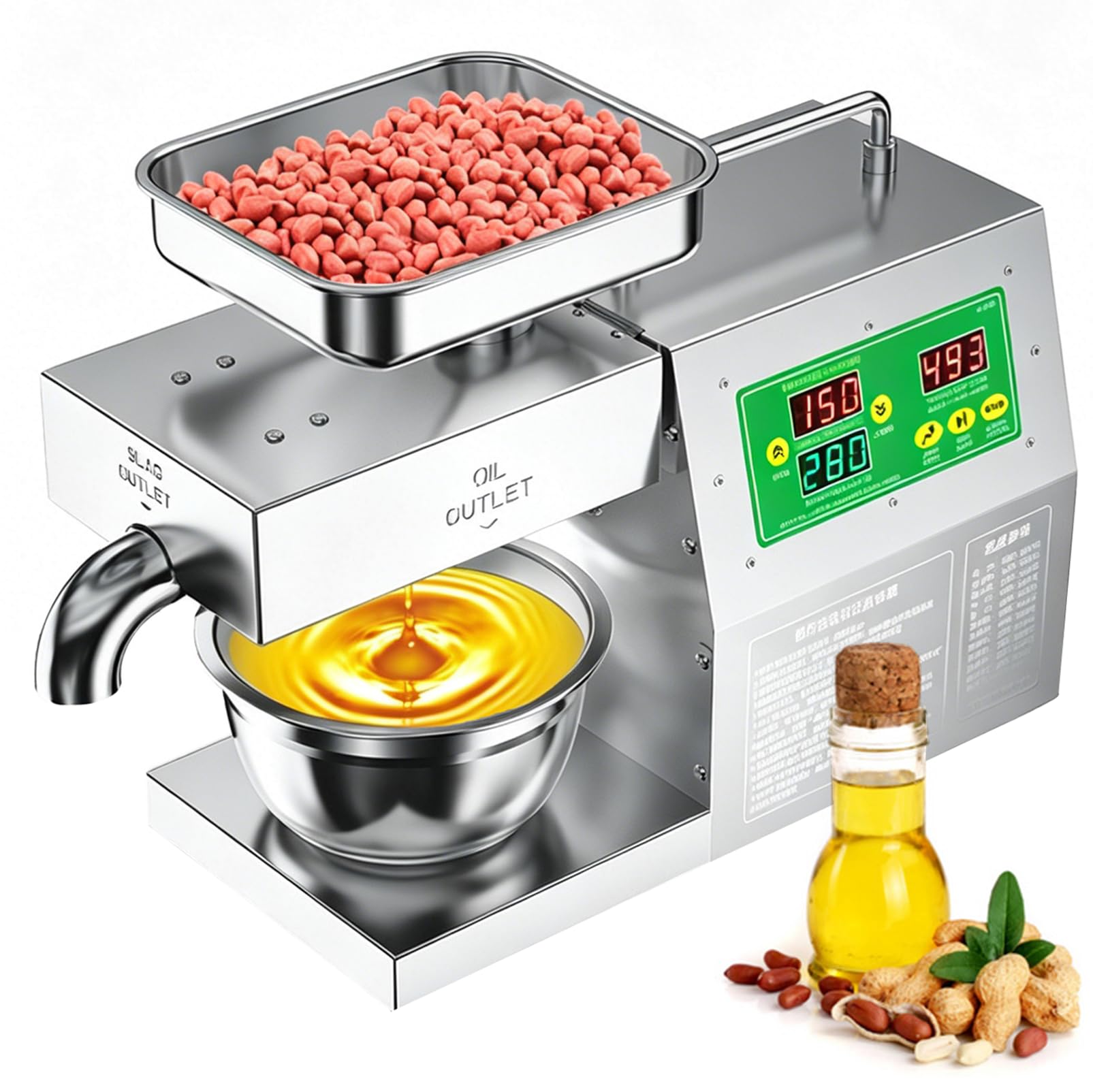 HNBYLMM Electric Oil Press Machine, 1100W Automatic Seed Oil Extractor, 104-572°F Temperature Adjustment, Pressing Speed 5-9 KG/H, Stainless Steel Hot/Cold Oil Extractor for Seeds Nuts
