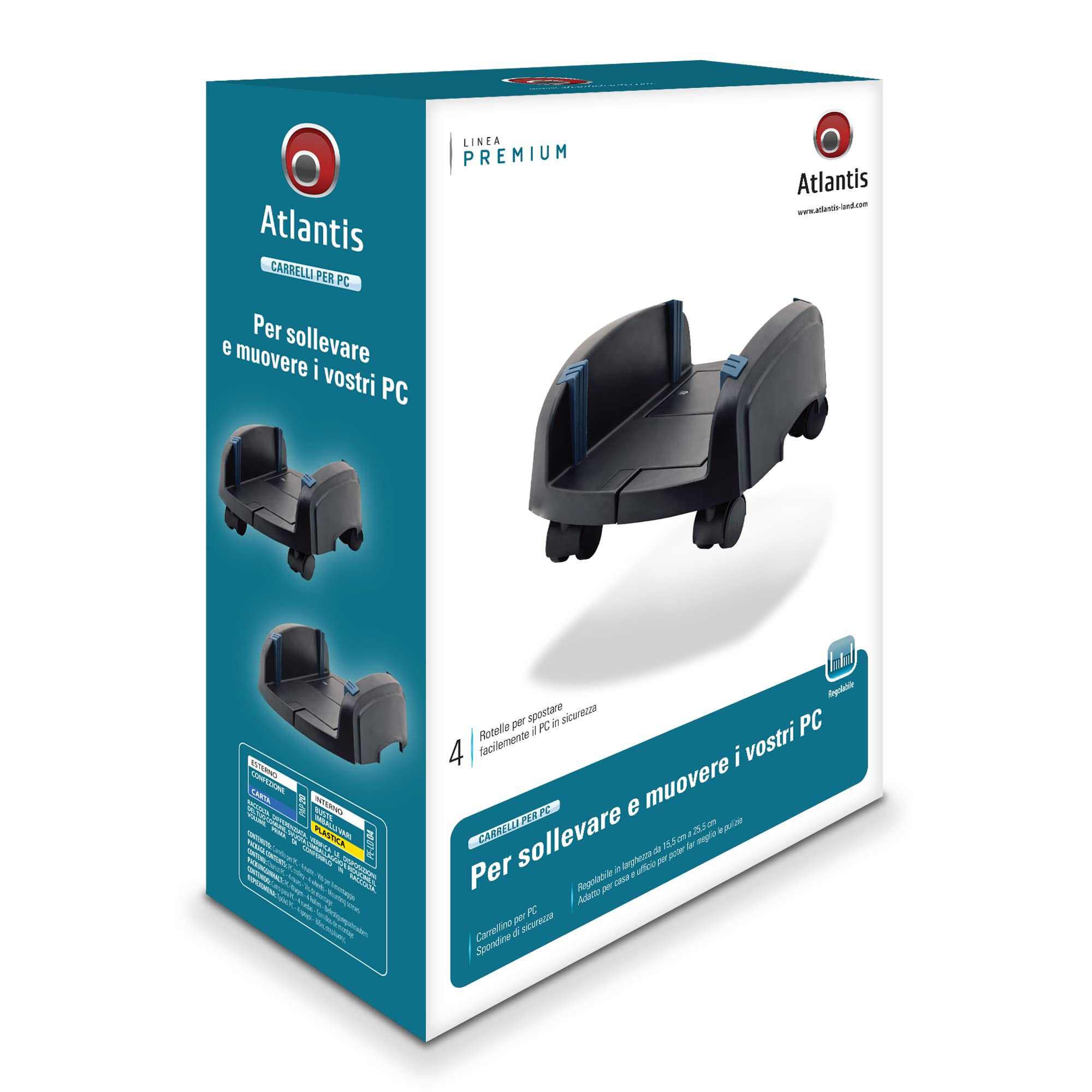 Atlantis carrellino carrello porta PC desktop tower con sponde di protezione, 4 ruote, base regolabile in larghezza da 15,5 cm a 25,5 cm, adatto per PC desktop e PC gaming. P002-CS-5AK.