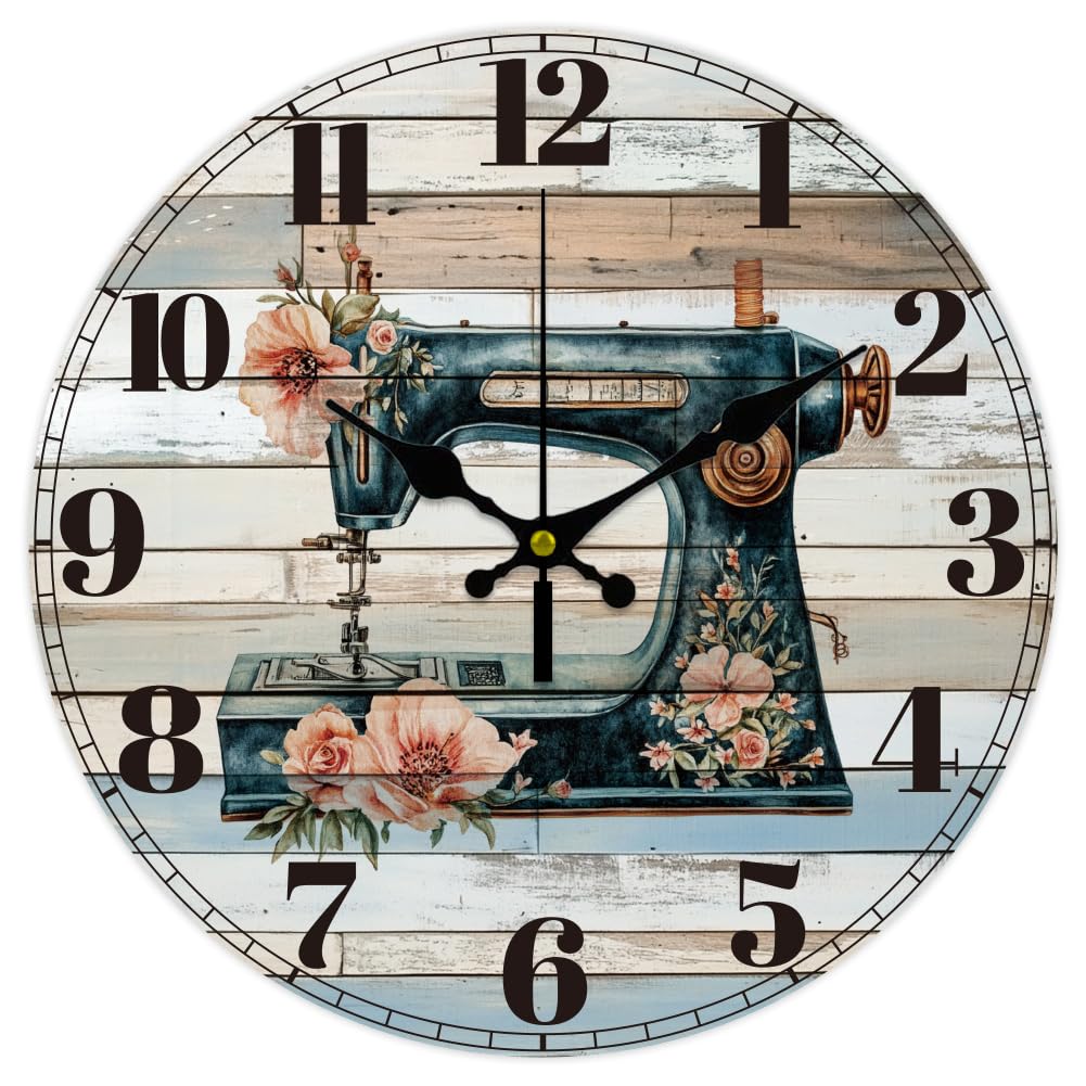 CHGCRAFT 12inch Sewing Machine Wall Clock Retro Style Battery Operated Silent Non Ticking Flowers Round Decorative Clock for Office Home Kitchen Decor