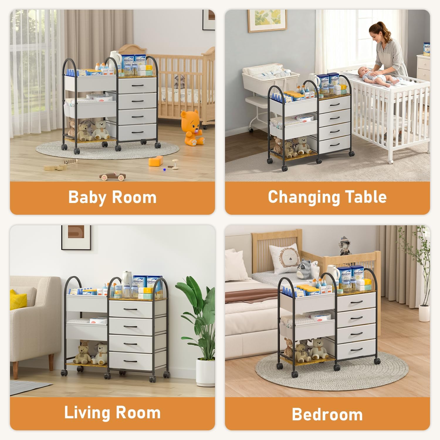 Baby Diaper Caddy Organizer Cart with Wheels, 4-Tier Rolling Diaper Cart with Dividers and Drawers, Multi-Layer Nursery Storage for Diapers & Baby Essentials
