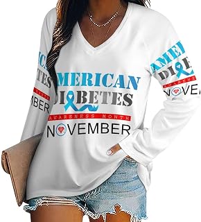 Diabetes Awareness Month Blue Ribbon Women's Long Sleeve Shirt Tops Loose V-Neck Tees Pullover