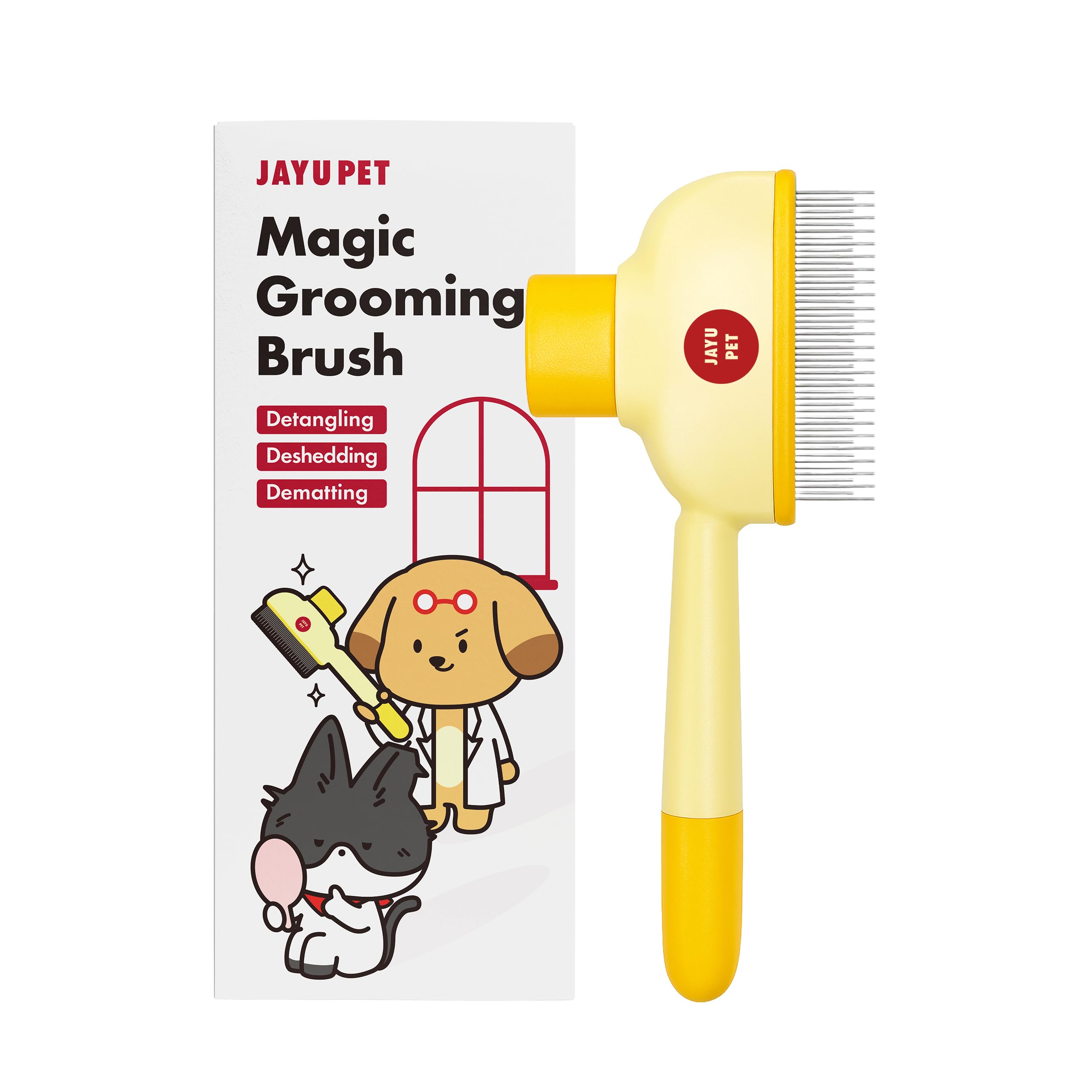 JAYU PET Magic Grooming Brush, Cat Brush for Shedding Dual-Length Stainless Steel Bristles, One-Click Self-Cleaning