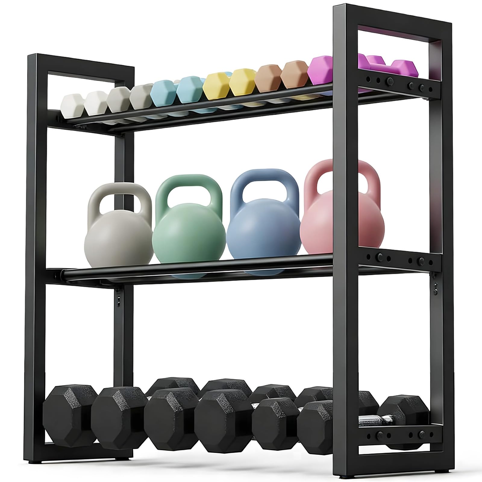 3 Livelli Porta Manubri Regolabile, Supporto Kettlebell, Scaffale per Manubri Metallo Resistente, Rastrelliera Pesi Salvaspazio, Organizzatore Attrezzatura per Casa, Palestra (Capacità 360 LB)