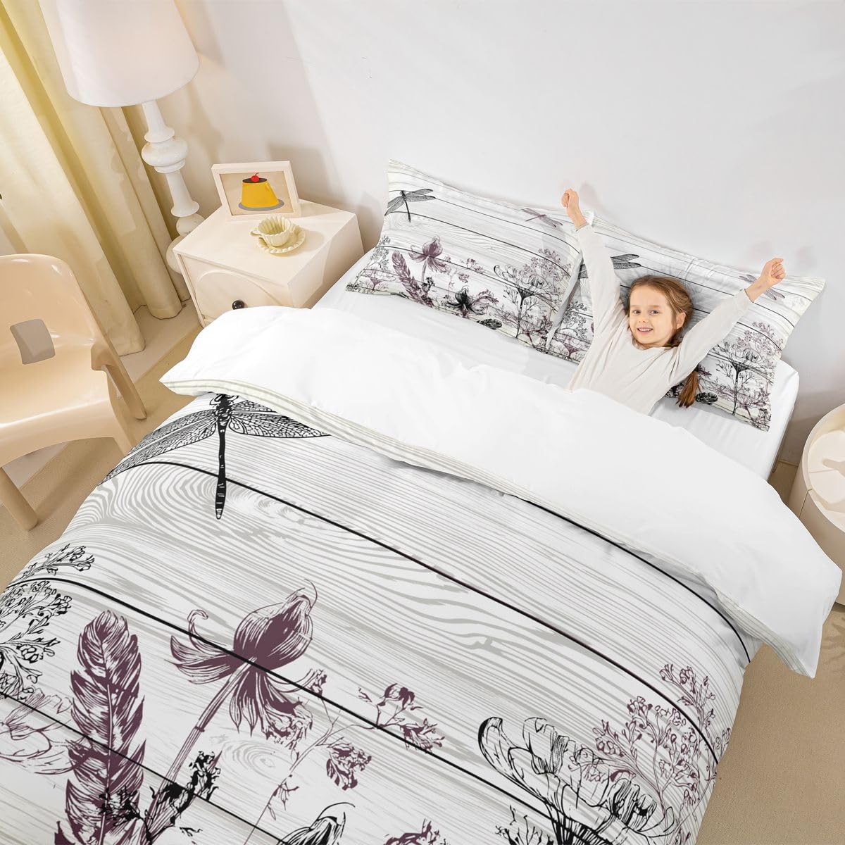 Wildflower Dragonfly Duvet Cover Butterfly Bedding Set Botanical Leaves Comforter Cover for Boys Girls Children Teens Bedroom Decor Nature Herbs Plants Bedspread Cover Queen Size With 2 Pillow Case
