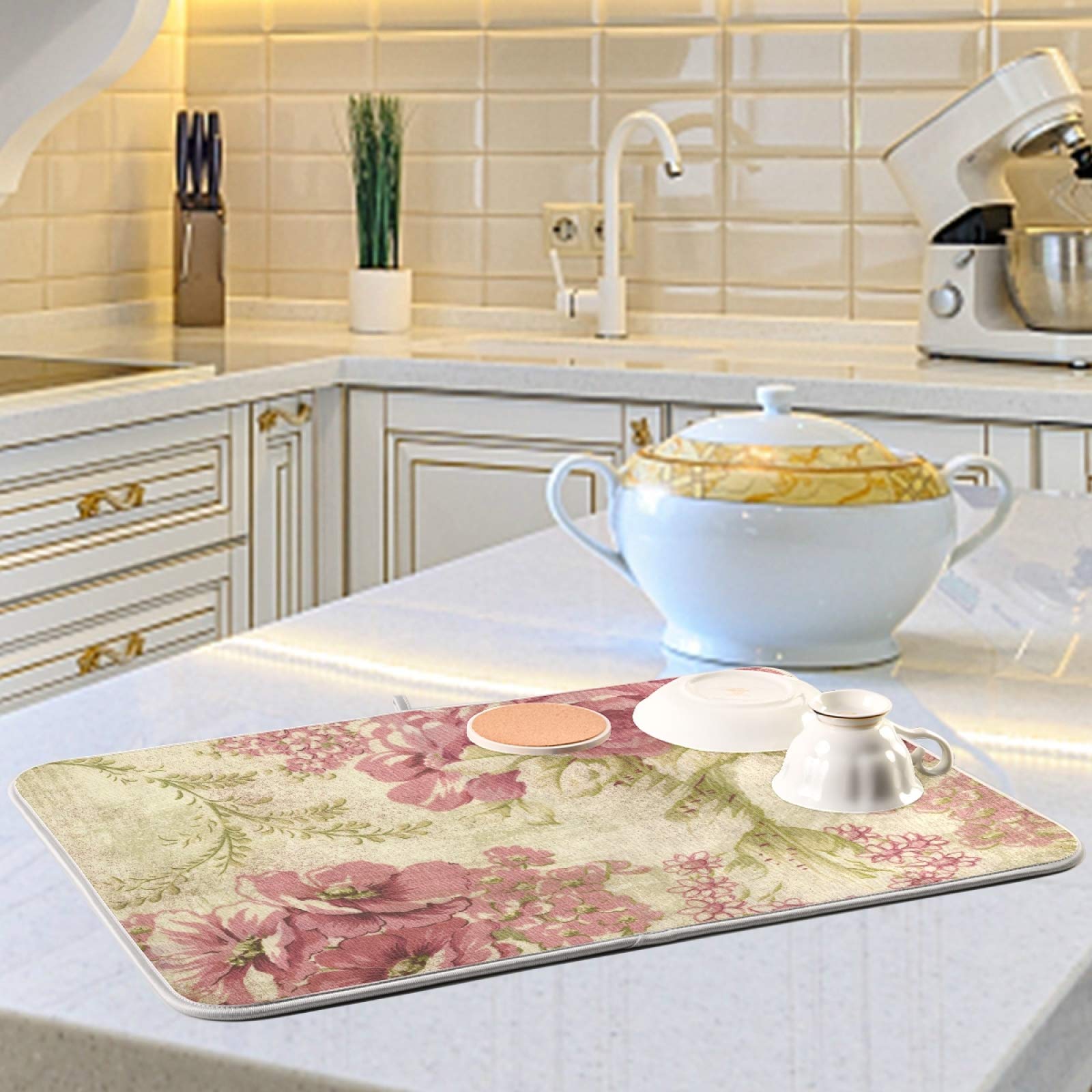 Dish Drying Mat for Kitchen Counter Vintage Pink Rose Absorbent Microfiber Drying Pad Dish Drainer Mat 18 x 16 Inch Reversible Bottles Dish Dry Pad
