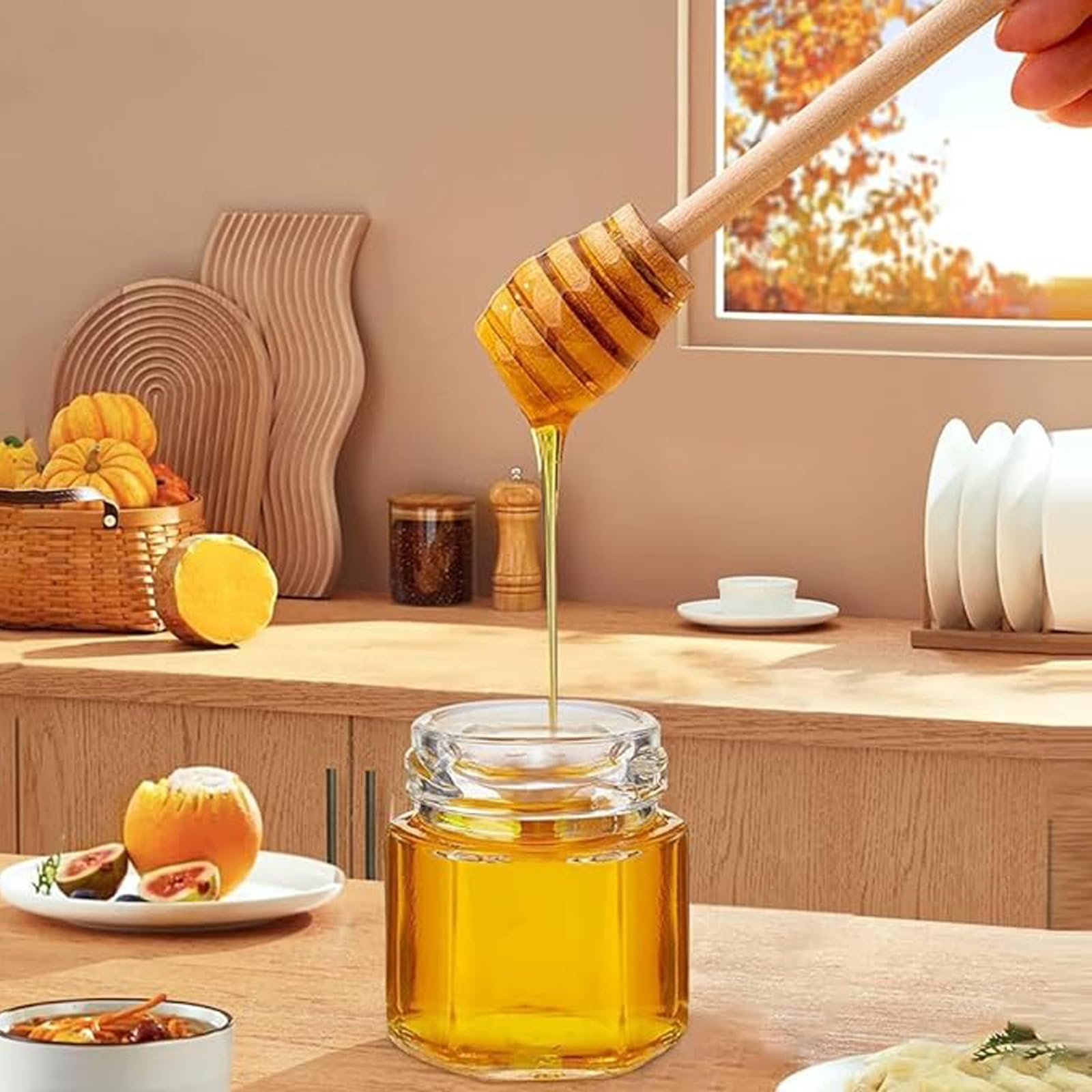 Vasetti Miele In Vetro Esagonali - 10 Pezzi Con Cucchiai Di Legno - Ideali Per Bomboniere E Regali - Foto 5