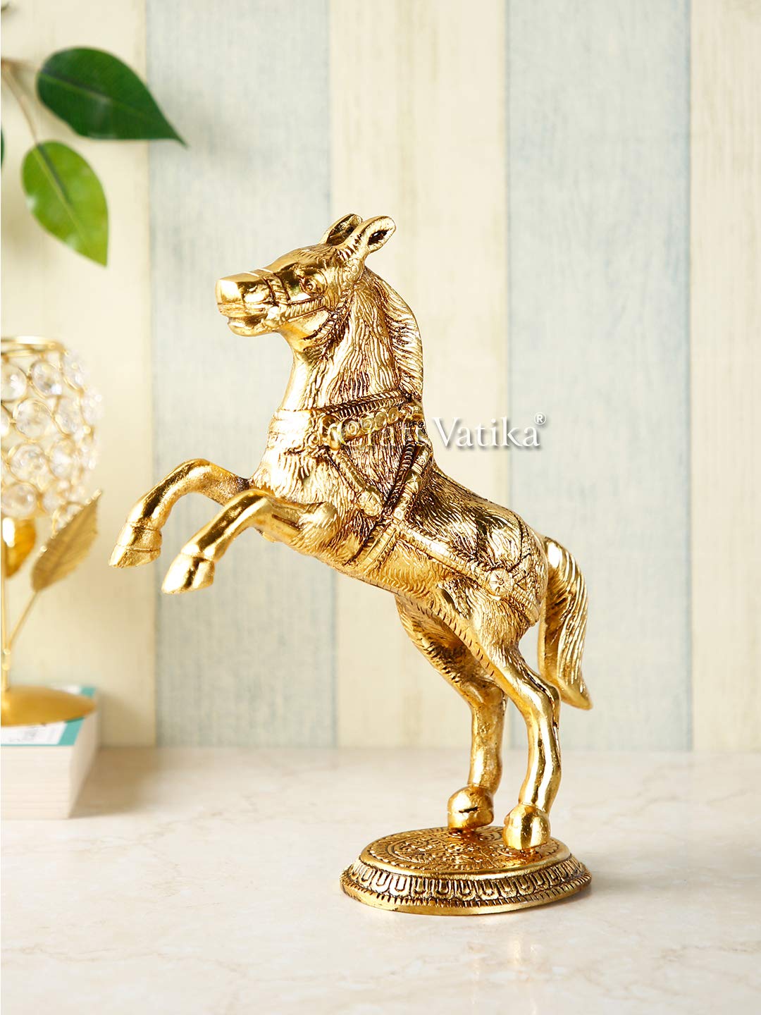 CraftVatika Jumping Horse Statue Metal Showpiece for Home Decor for Vastu Wealth, Income, Shining Bright Future Decorative Showpiece, Golden, 8.9cm, 7.6cm