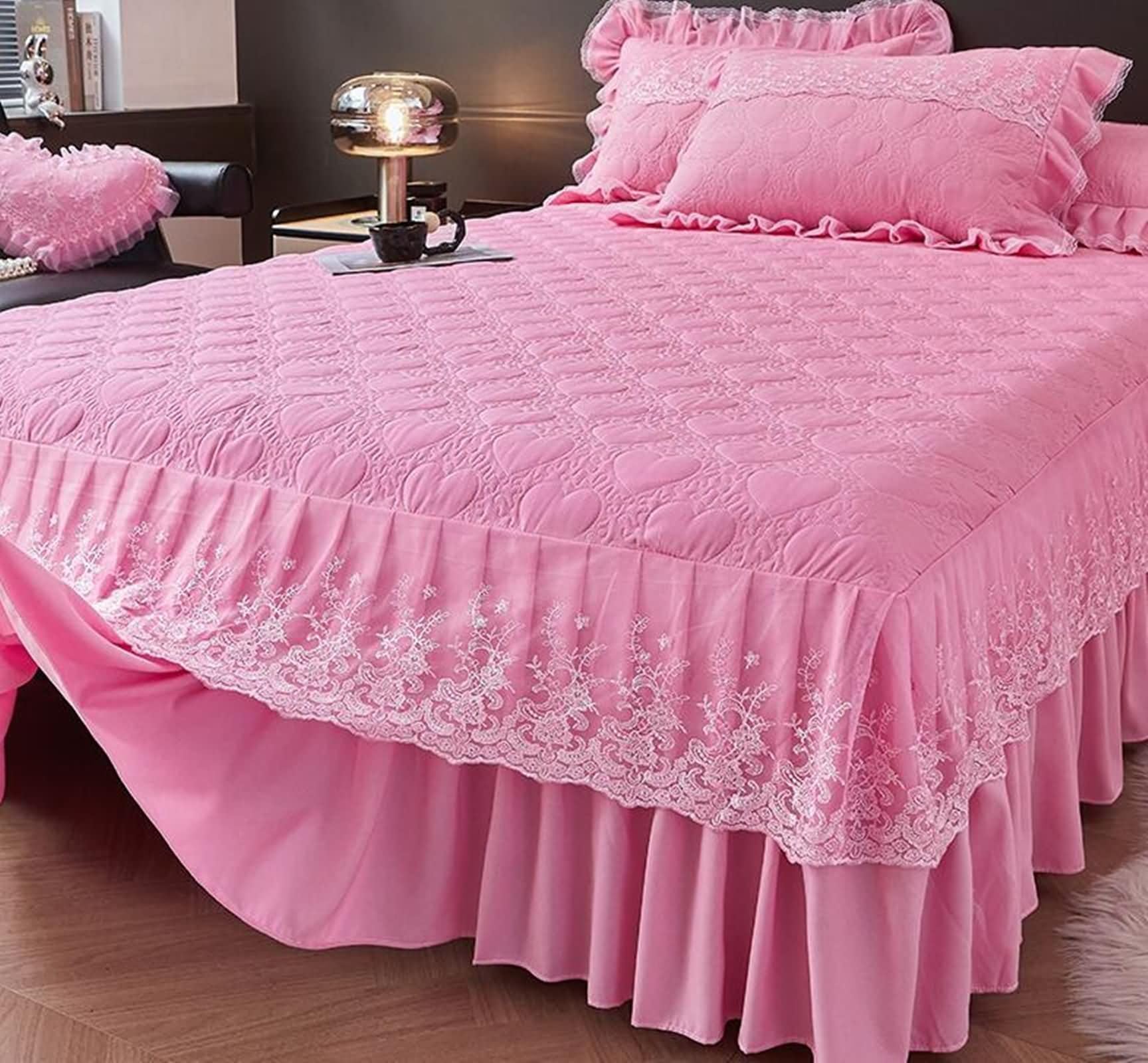 3-częściowy komplet pościeli California King Size z bawełny poliestrowej z gumką, jednolity kolor z haftowaną koronką, 198 x 214 cm + 2 poszewki na poduszki, różowe