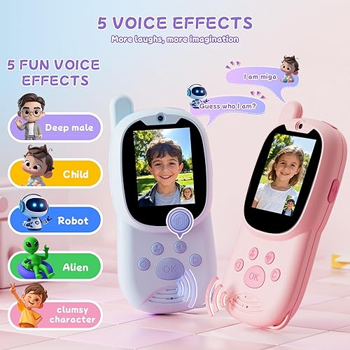 Miniatura 6 de Walkie Talkies de video para niños con cámara y video chat, largo alcance 1000 pies, recargable, Walkie Talkie para niños con filtros de calcomanías