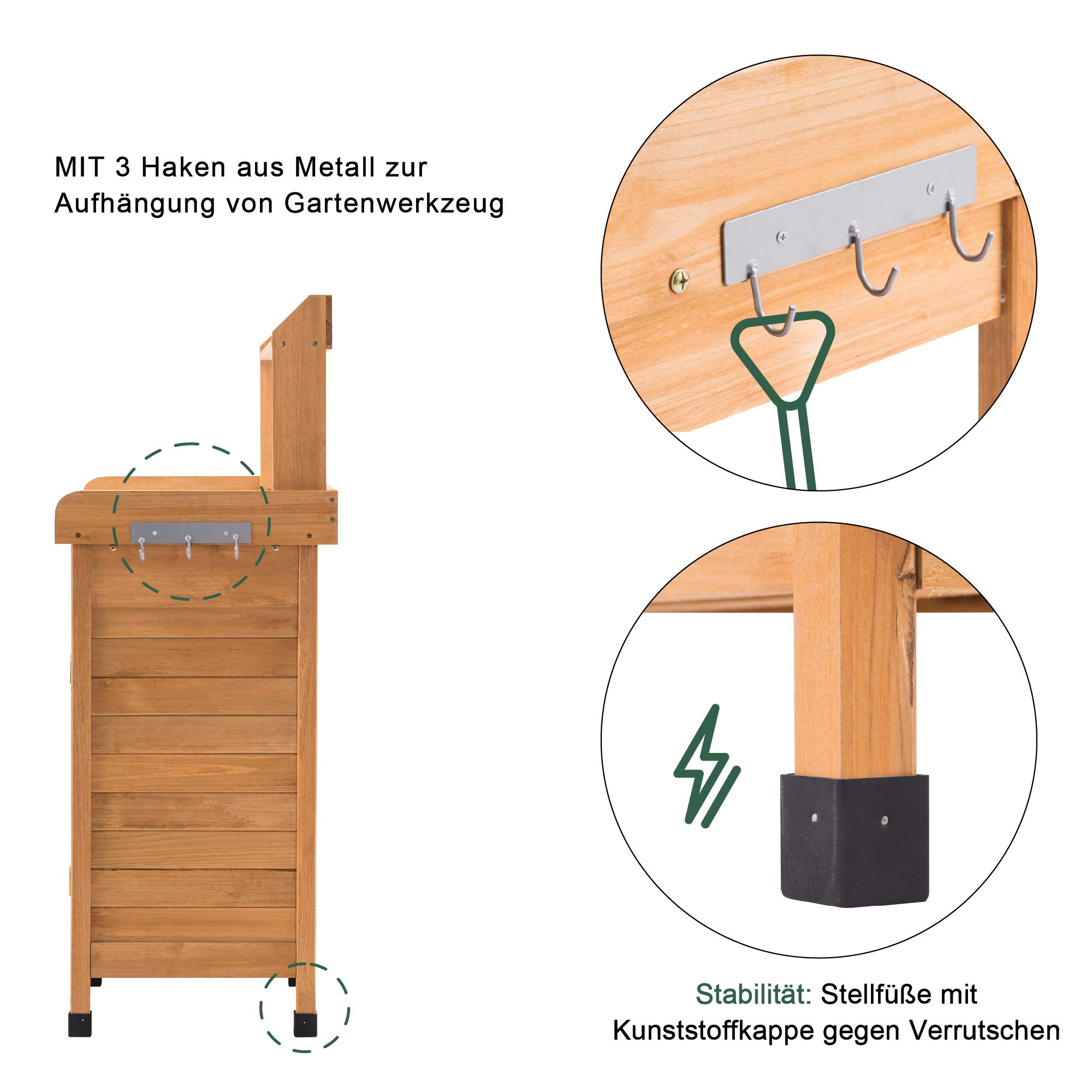 M MCombo Tavolo Giardinaggio Cassetto, Ripiano, Piano Zincato & Armadio, Tavolo Giardiniere Impermeabile 3 Ganci, Tavolo Piante Legno Massello Giardino/Balcone/Terrazza, 0440 (Naturale)