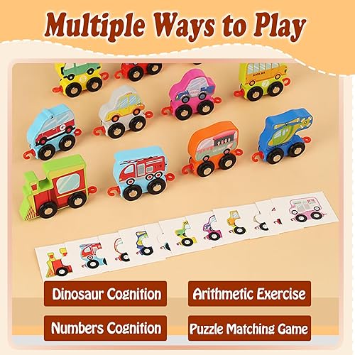 Miniatura 3 de HOMEE Juego de tren de transporte de madera para niños pequeños, 11 piezas de juguetes de tren con rompecabezas, juguetes educativos Montessori con