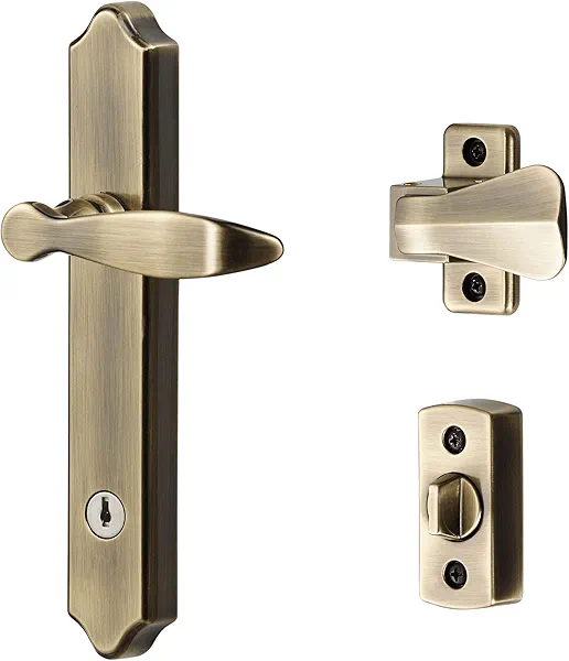 Ideal Security 1216 Surface Mount Storm Door Handle with Lock and Key for 1 – 1 ½ inches Thick Doors (Antique Brass, 4-Posts)