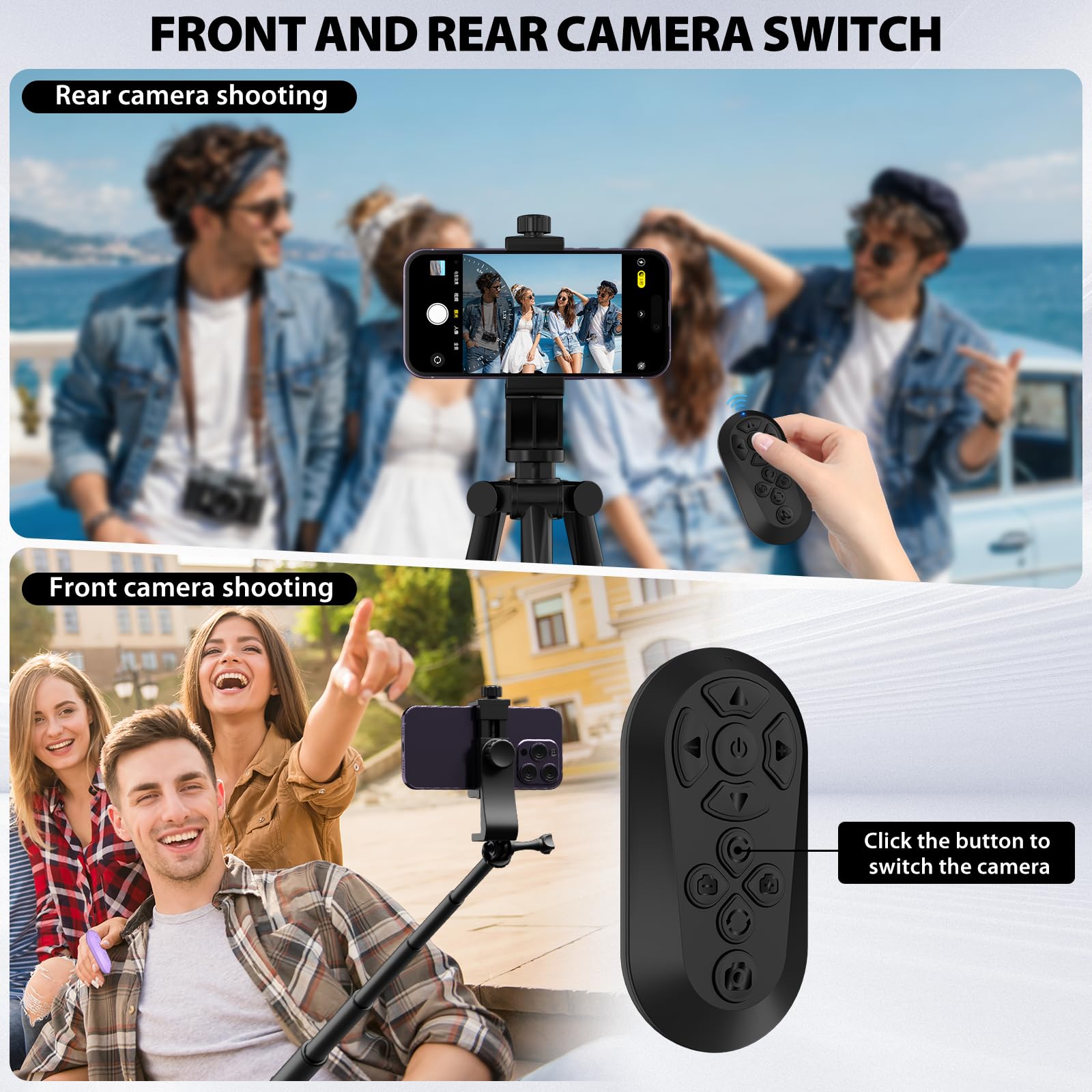 Condition photo showing New/Like New for wireless camera remote control with tripod mount adapter, tiktok scrolling remote for iphone & android, bluetooth clicker phone remote with front/rear camera switch for photo and video