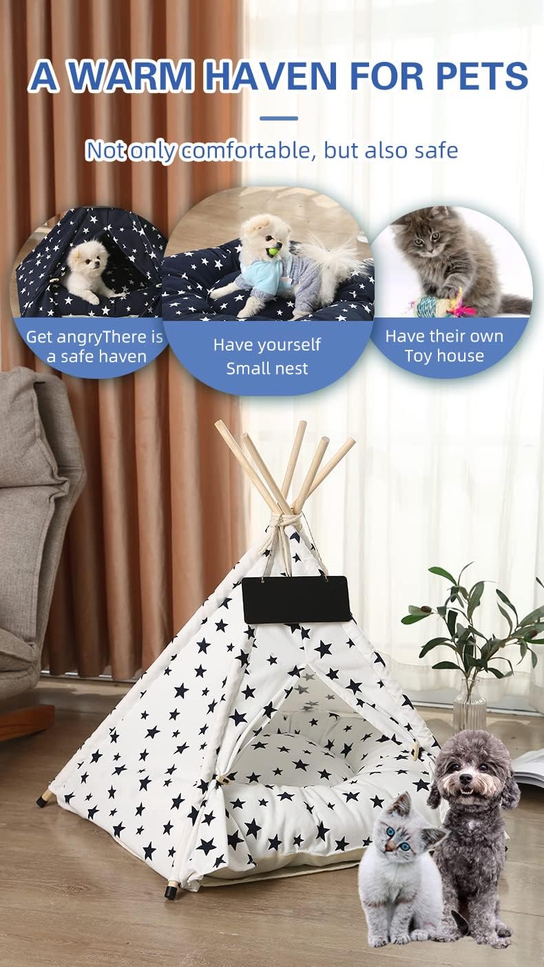 Pet Teepee, Folding Indoor Puppy Dogs House, Portable Outdoor Dog House Cat Tent Bed, Rabbits Pet House (Retro, 15.7"x15.7"x19.7")