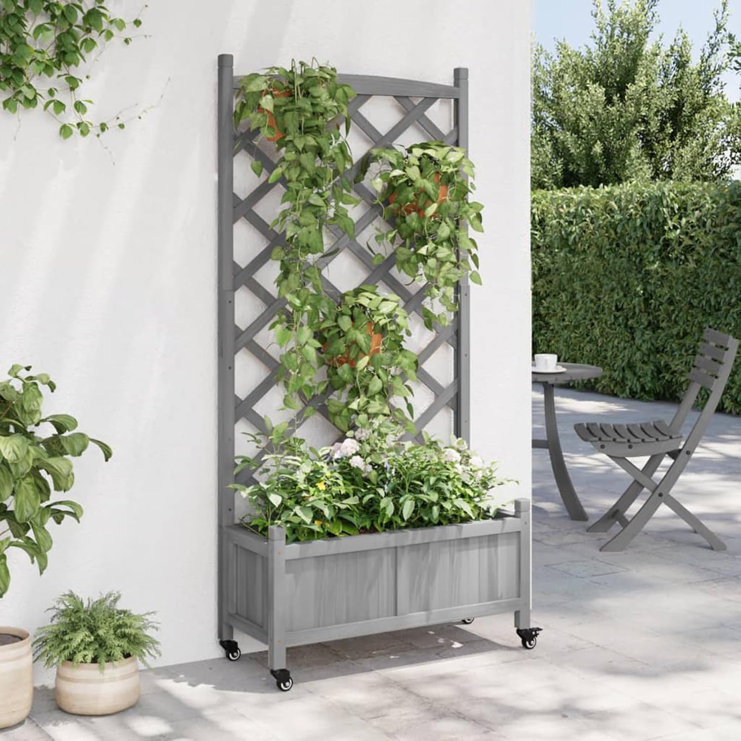 Planter with Trellis and Wheels Grey Solid Wood Fir Outdoor Planter, Vertical Garden Raised for Balcony and Garden, Mini Raised Garden for Seedlings, Vertical Garden
