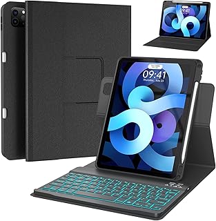iPad 10.9 Air 5th 4th Generation Case with Keyboard,Pro 11 1st/2nd/3rd/4th,360° Rotatable Case with Pencil Holder(2022/2021/2020/2018),7 Color Backlit Wireless Detachable Keyboard Tablet Cover(Black)