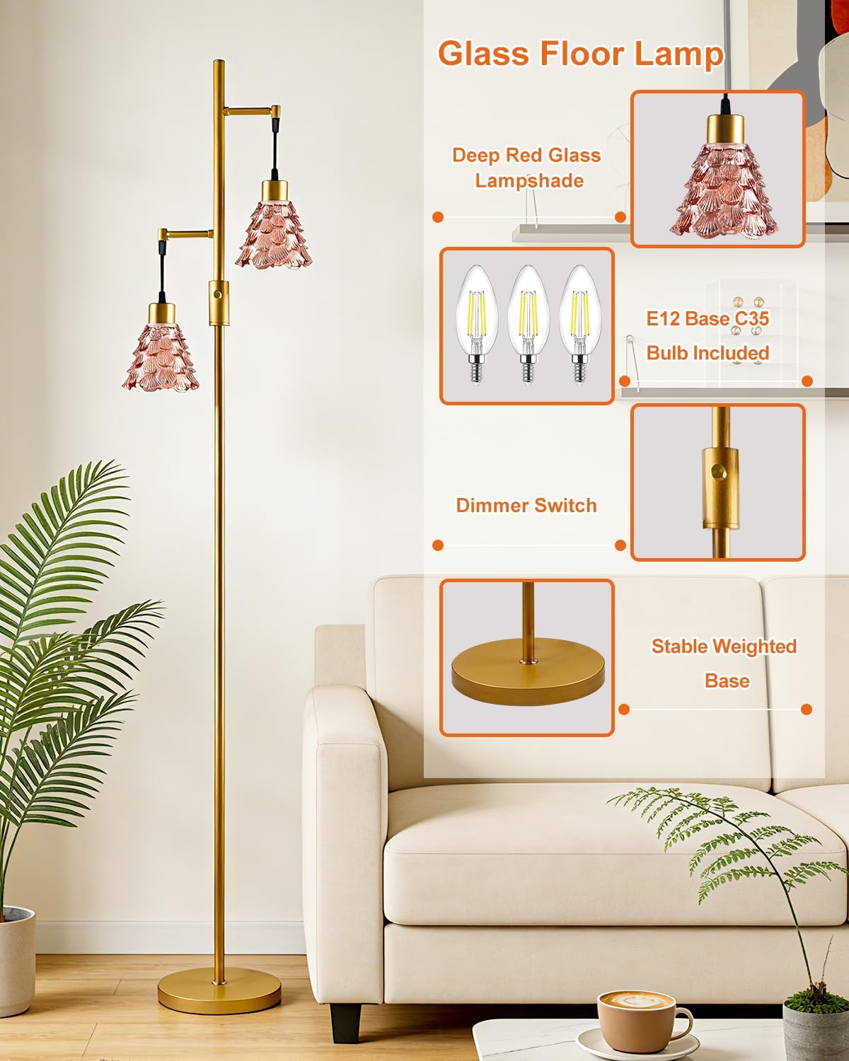 2-Light Glass Floor Lamp, Gold Tall Standing Lamps Dimmable with Rose Red Glass Lampshade, 3000K Warmwhite Mid Century Modern Floor Lamp for Living Room/Bedroom/Sofa Beside/Home Decor