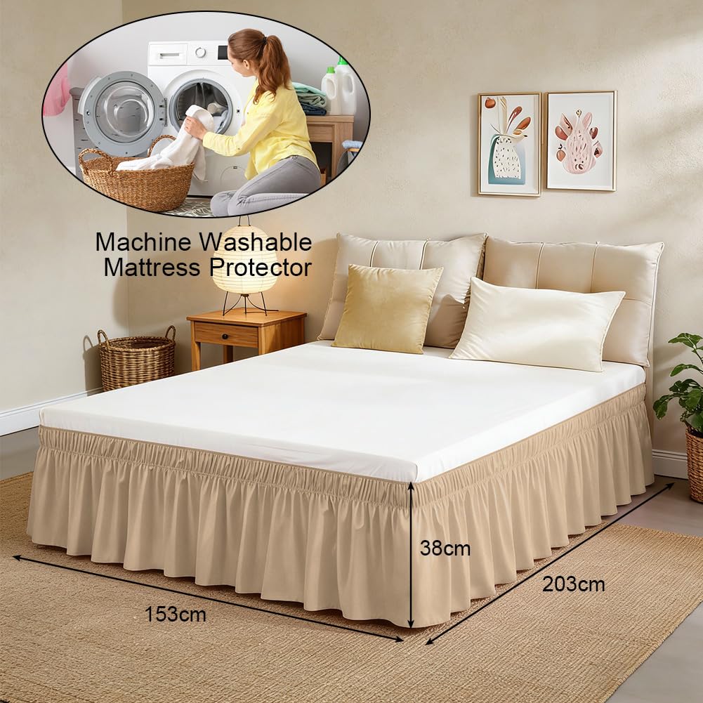 RANJIMA gonna da letto pieghettata, 153 x 203 cm, gonna da letto con balze, gonna da letto avvolgente, altezza 38 cm, volant copriletto con doppio elastico, regalo per donne, sabbia