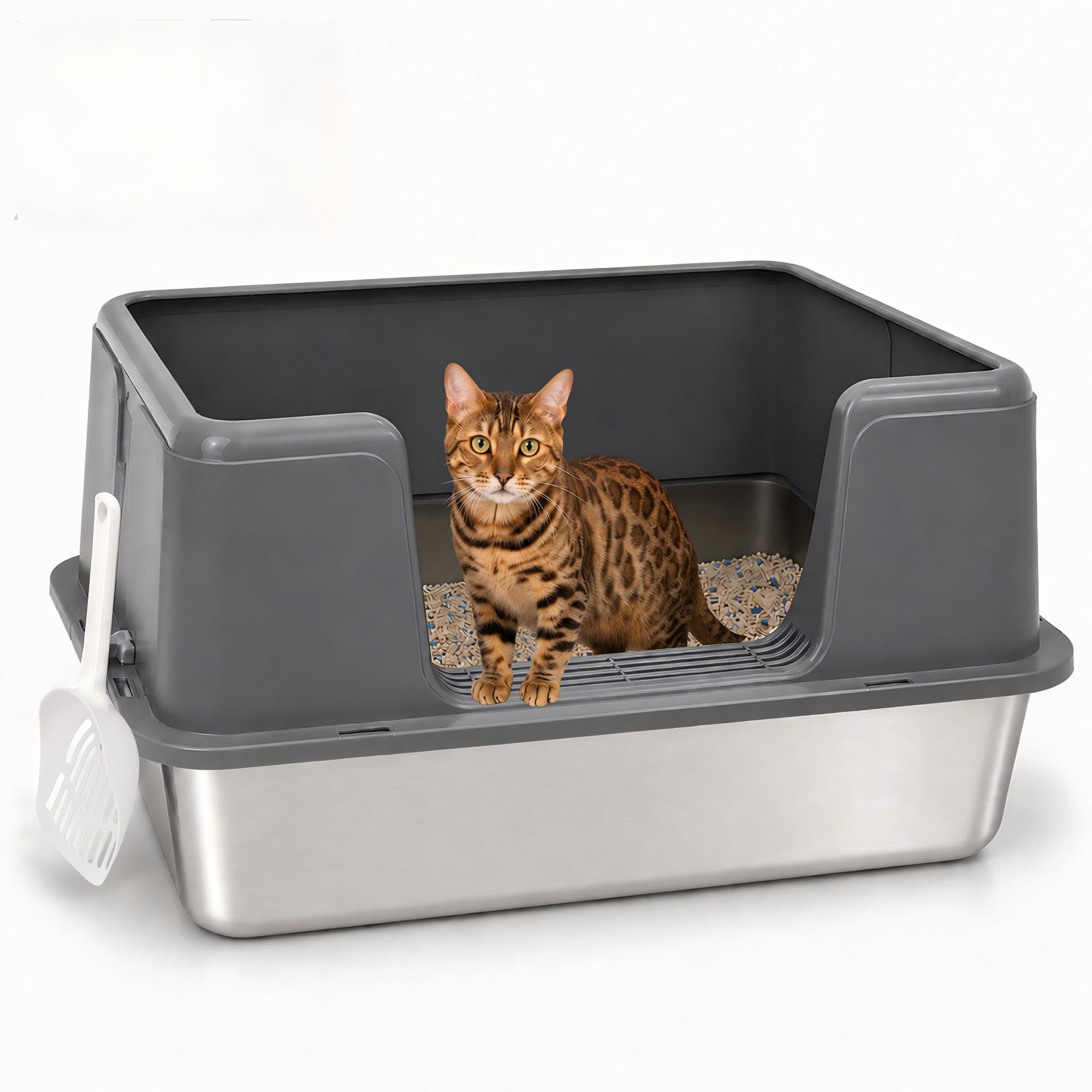 Stainless Steel Cat Litter Box with Lid – 30L Large Metal Litter Pan, Never Absorbs Odors, Easy to Clean, High Sided Enclosure for Large Cats & Kittens (Grey)
