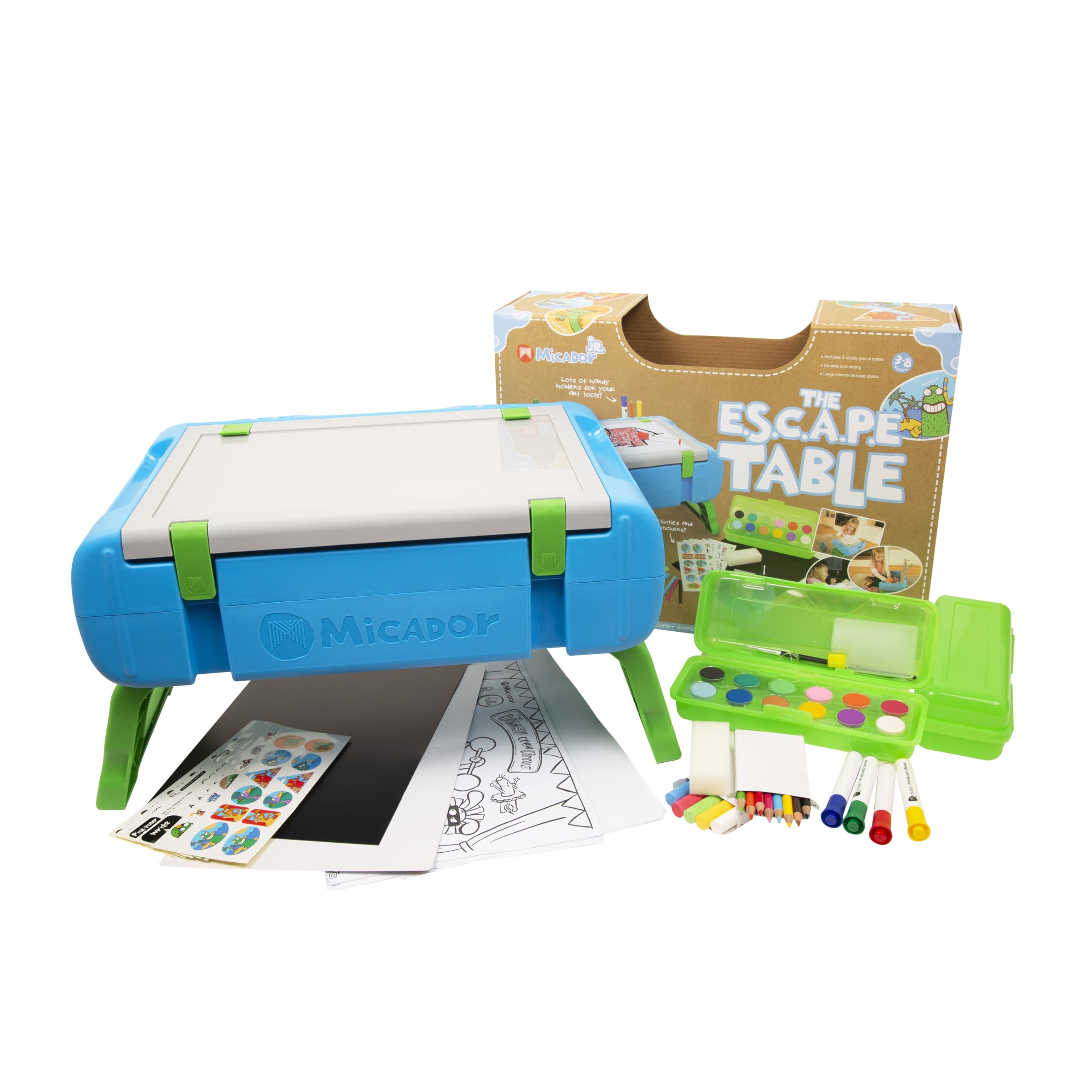 Micador jR. The E.S.C.A.P.E. Table, Complete Art Set With Easel, Chalk, Pencil, Markers, Paint, & More, Develops Artistic Talent in Children at Home or School, Encourage Creativity, Reduce Screen Time