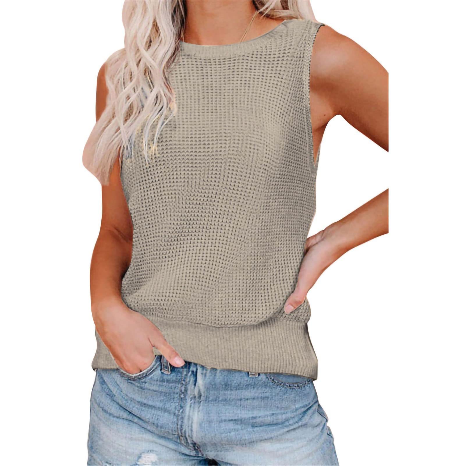 Knitted Halter Vest, Crew Neck Breathable Loose Sleeveless Top Polyester Fiber Fashionable for Dating for Spring (S) Khaki-image-37