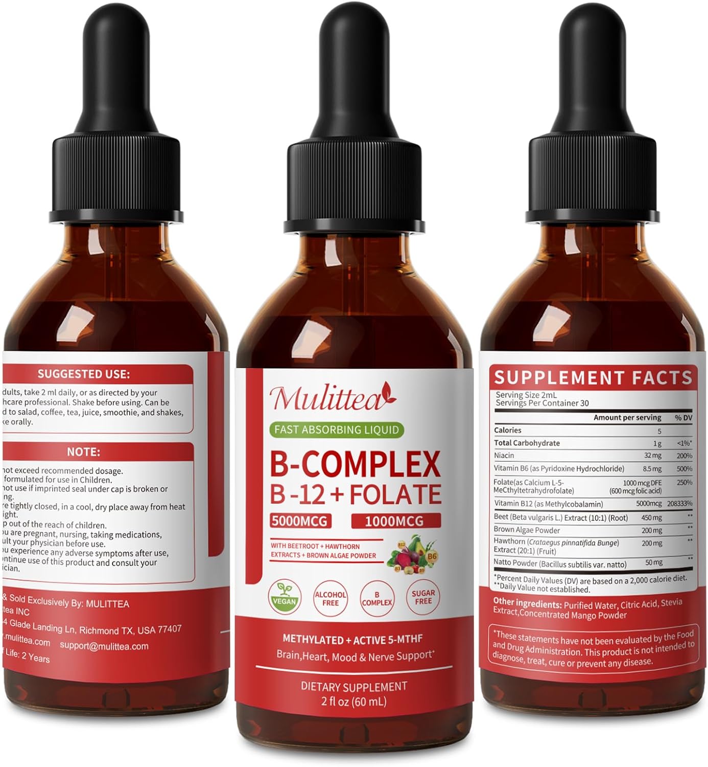 Methylated B Complex - 5000 mcg Methylcobalamin B12 & 5-MTHF Folate 1000 mcg - Vitamin B Complex Liquid Drops with B3, B6, Beetroot, Hawthorn - Energy, Focus, Heart & Brain, Sugar-Free, 2 Fl Oz - Image 9