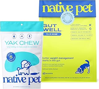 Native Pet Trim & Treat Pack: 60 Scoops GutWellTrim Down - Weight Management Dog Food Topper Weight Loss Supplement & 5 Small Yak Cheese Himalayan Dog Chews - Long Lasting Dental Sticks