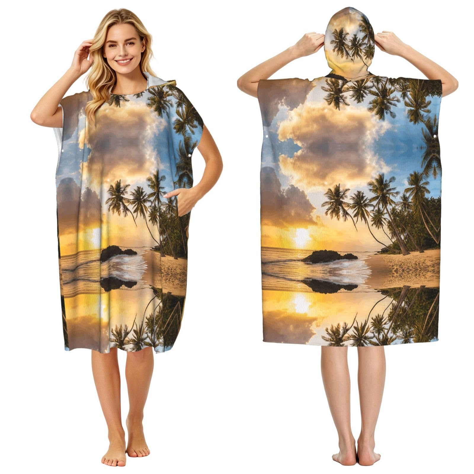 EZDLOWVBA Sunset Hawaiian Palm Tree Print Hooded Poncho Microfiber Beach Towel,Adult Women & Men Changing Robe,Lightweight Summer Surf Swim Bath Poncho Towel