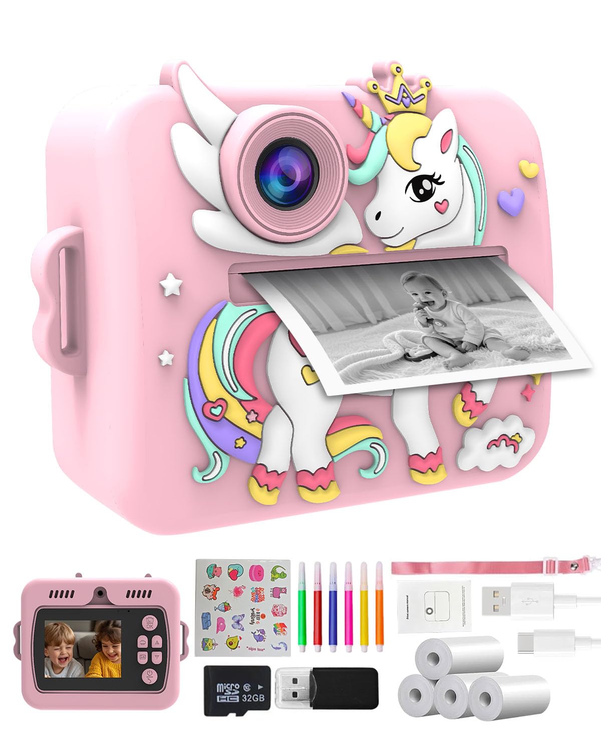 Onalix Macchina Fotografica Bambini Unicorno Istantanea, 2.4" Schermo, 1080P Video & 16X Zoom, Fotocamera per Bambini 32GB, Stampa Senza Inchiostro, Giochi, Musica, Regalo Ragazze 3-12 Anni