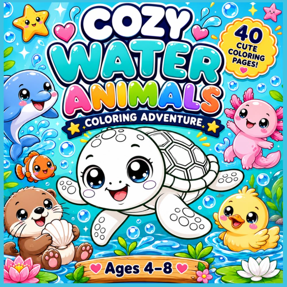 Cozy Water Animals Coloring Adventure: 40 Cute Aquatic Animals from oceans, Rivers & Lakes