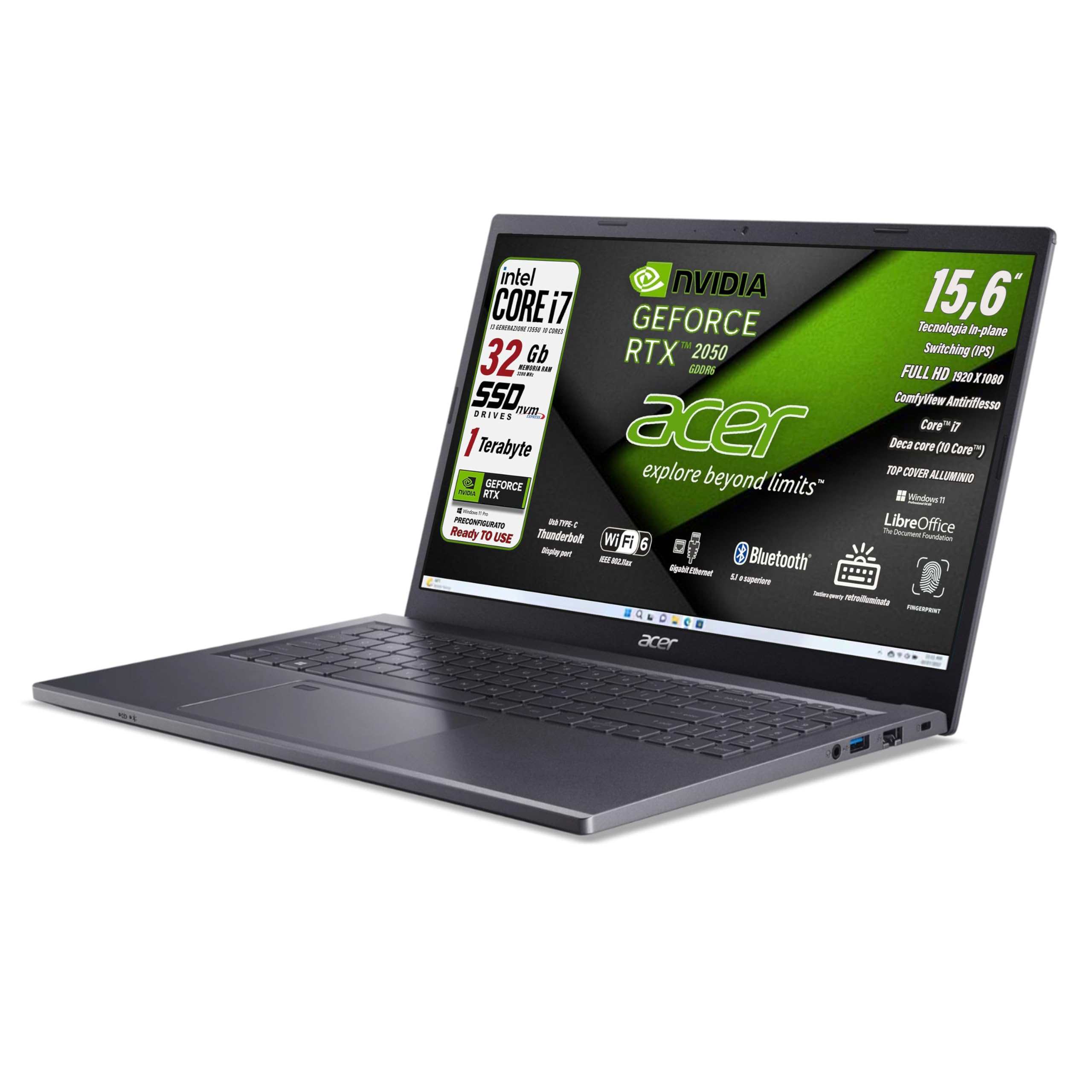 acer Notebook Intel Core i7-1355U 13th, 10 Core 5 Ghz, RAM 32 Gb, SSD Pcie 1Tb, 15.6" FHD IPS, Svga GeForce RTX 2050, Tastiera retroilluminata, Finger, Wi-Fi 6, LAN, HDMI, Win 11 Pro, pronto all'Uso