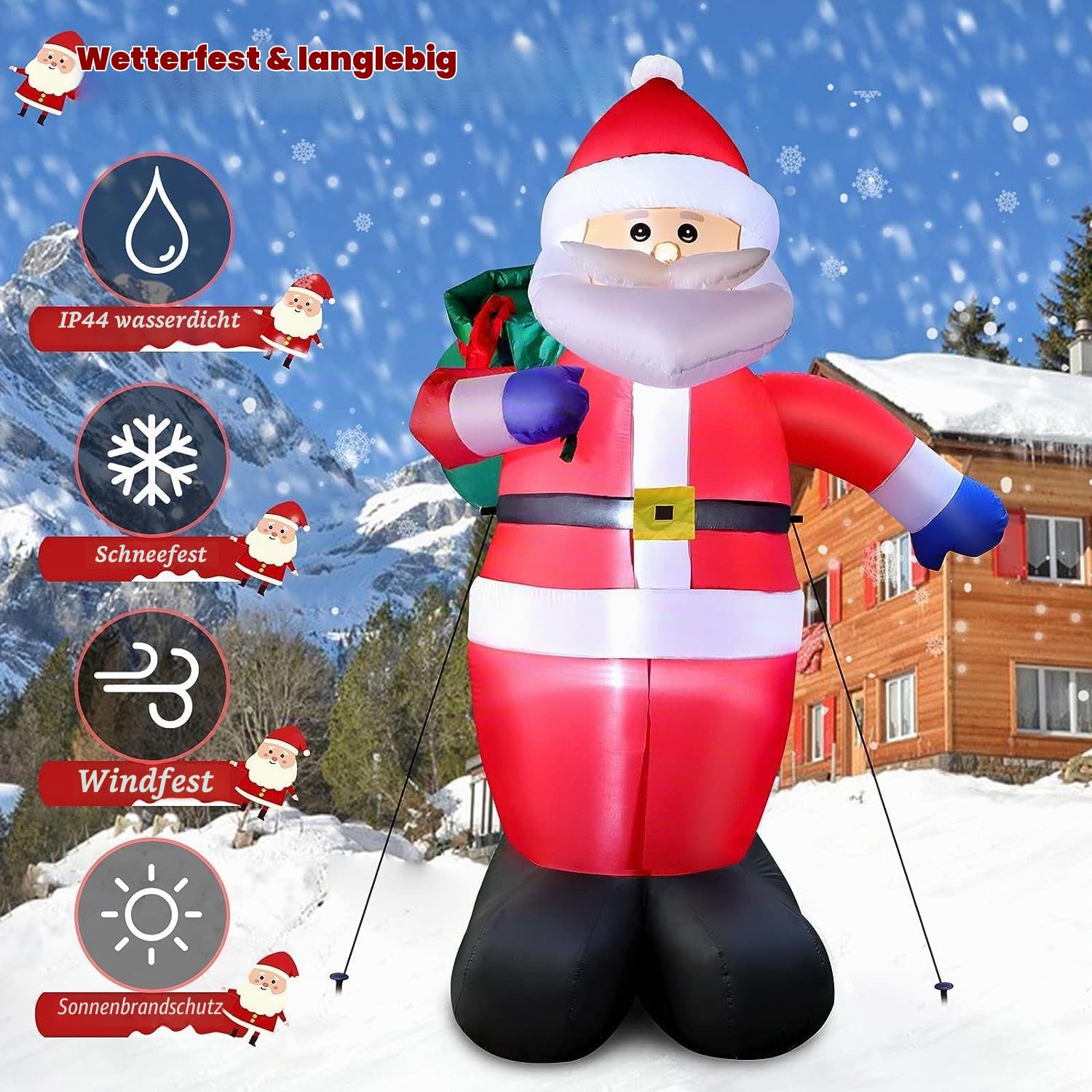 Aufblasbarer Weihnachtsmann 240cm mit LED Lichtern, 8 Fuß Riesen Figur Inflatable Santa mit Geschenktüte, Aufblasbarer XXL Weihnachtsdeko IP44 Wetterfest Beleuchtung für Innen Außen Garten Rasen Hof