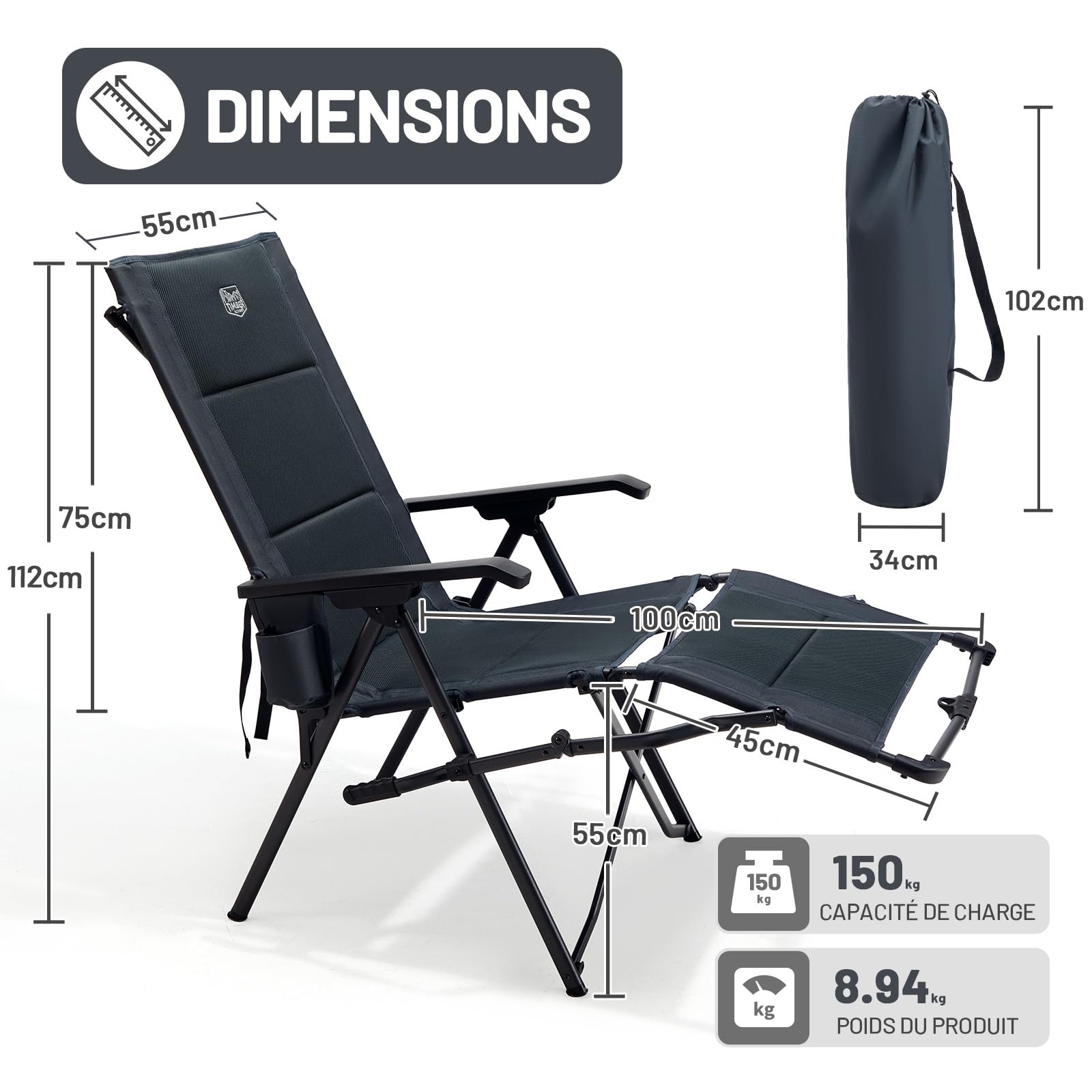 TIMBER RIDGE Chaise de Camping Pliable avec Repose-Pieds Dossier inclinable | Fauteuil longue pliante Assise rembourrée confortable, charge 150kg, pour le camping, le jardin, le balcon et le camping-car